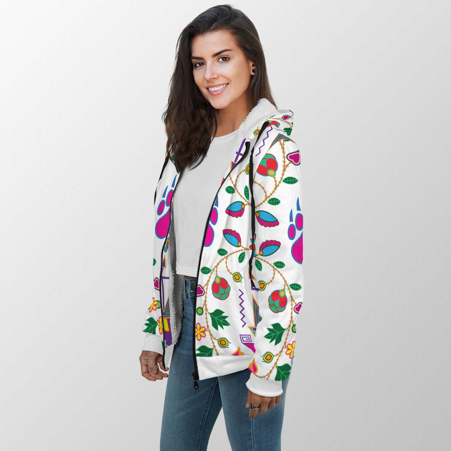 Geometric Floral Fall White Sherpa Hoodie 49 Dzine