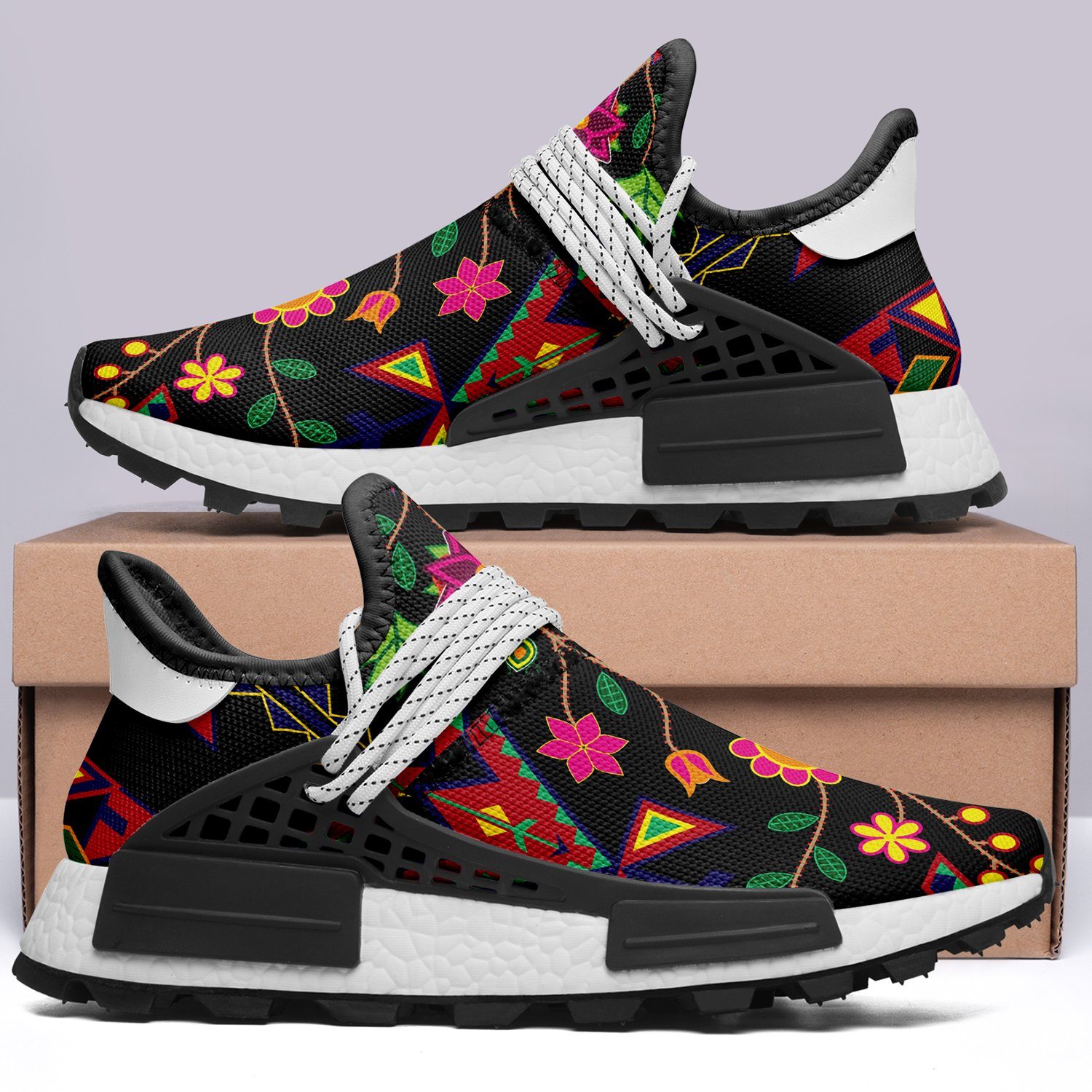 Geometric Floral Spring Black Okaki Sneakers Shoes Herman