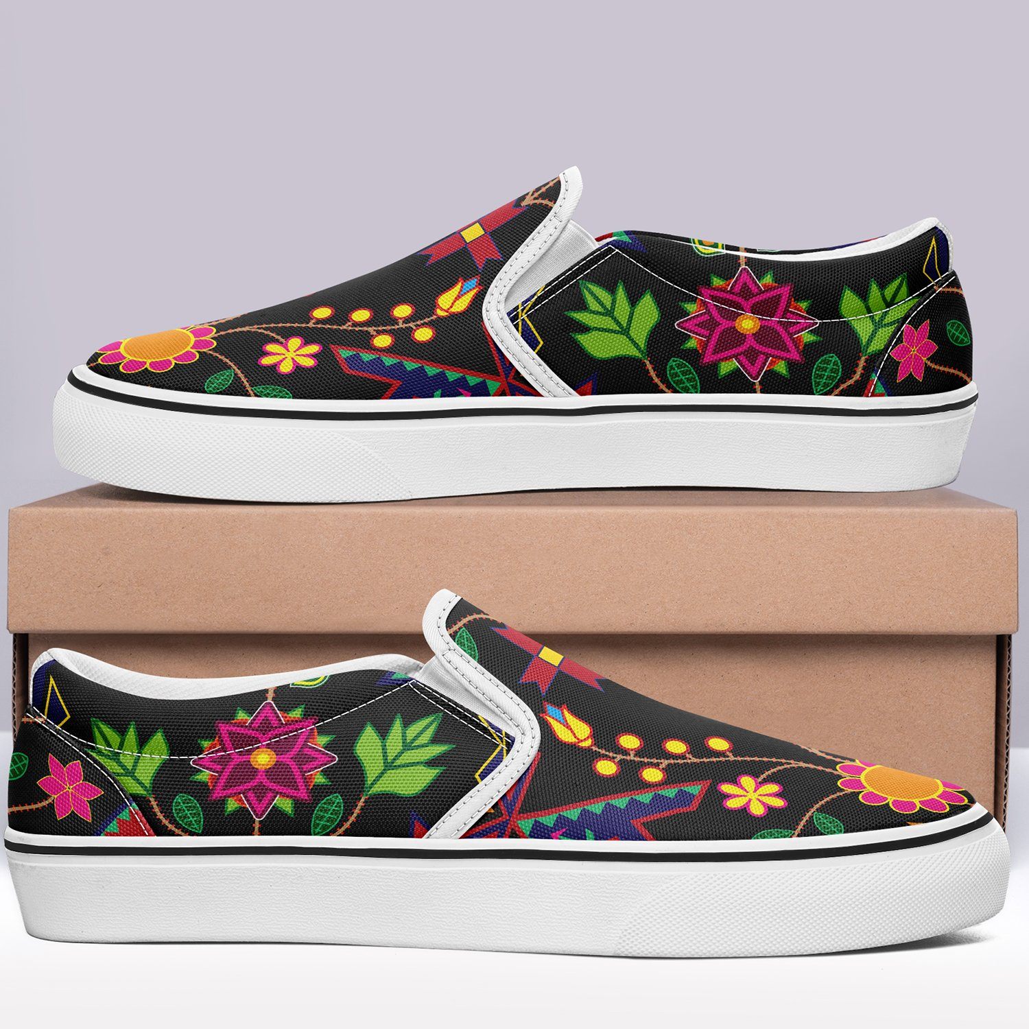 Geometric Floral Spring Black Otoyimm Kid's Canvas Slip On Shoes otoyimm Herman