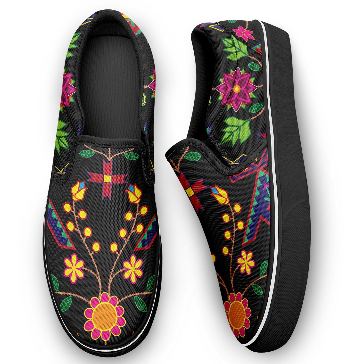 Geometric Floral Spring Black Otoyimm Kid's Canvas Slip On Shoes otoyimm Herman