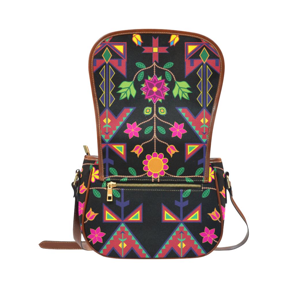 Geometric Floral Spring - Black Saddle Bag/Small (Model 1649) Full Customization Saddle Bag/Small (Full Customization) e-joyer