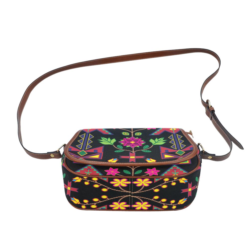Geometric Floral Spring - Black Saddle Bag/Small (Model 1649) Full Customization Saddle Bag/Small (Full Customization) e-joyer