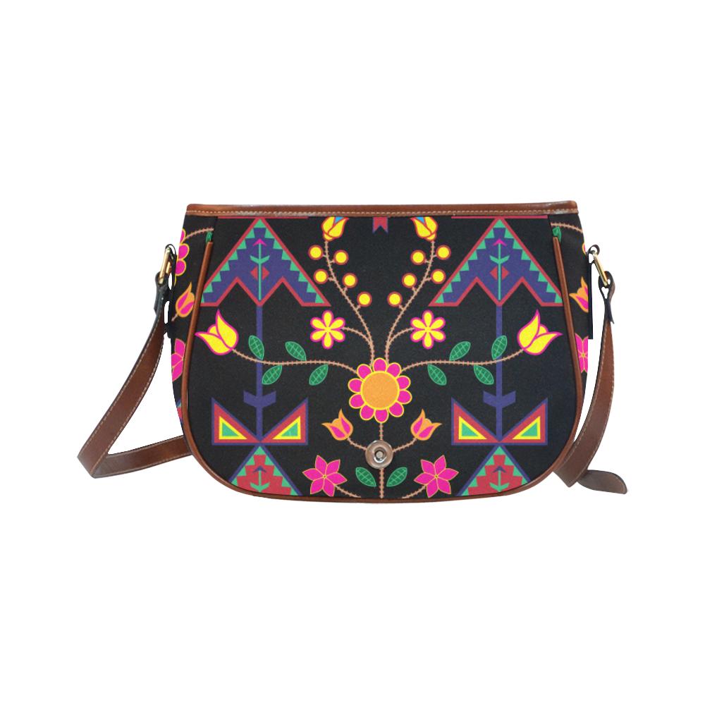 Geometric Floral Spring - Black Saddle Bag/Small (Model 1649) Full Customization Saddle Bag/Small (Full Customization) e-joyer
