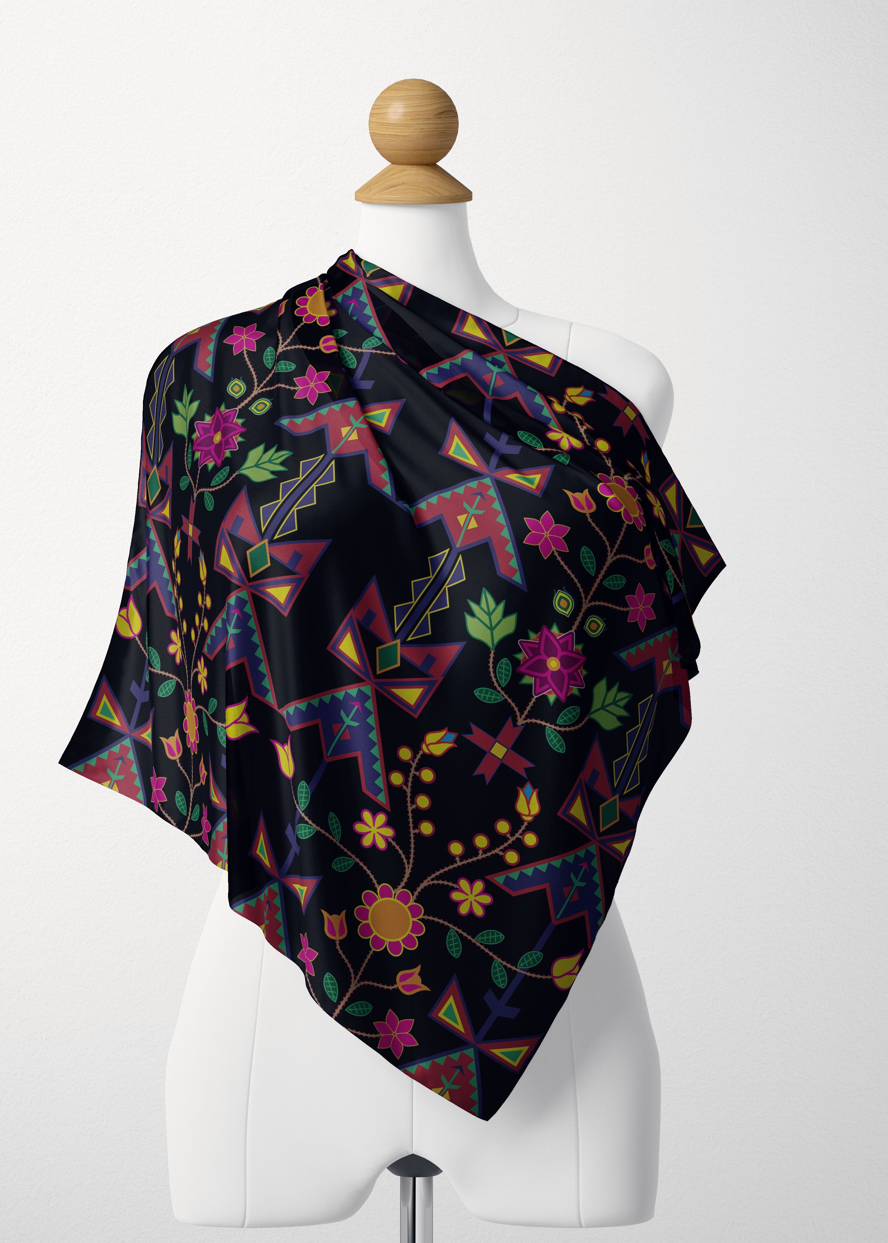 Geometric Floral Spring Black Satin Shawl Scarf 49 Dzine