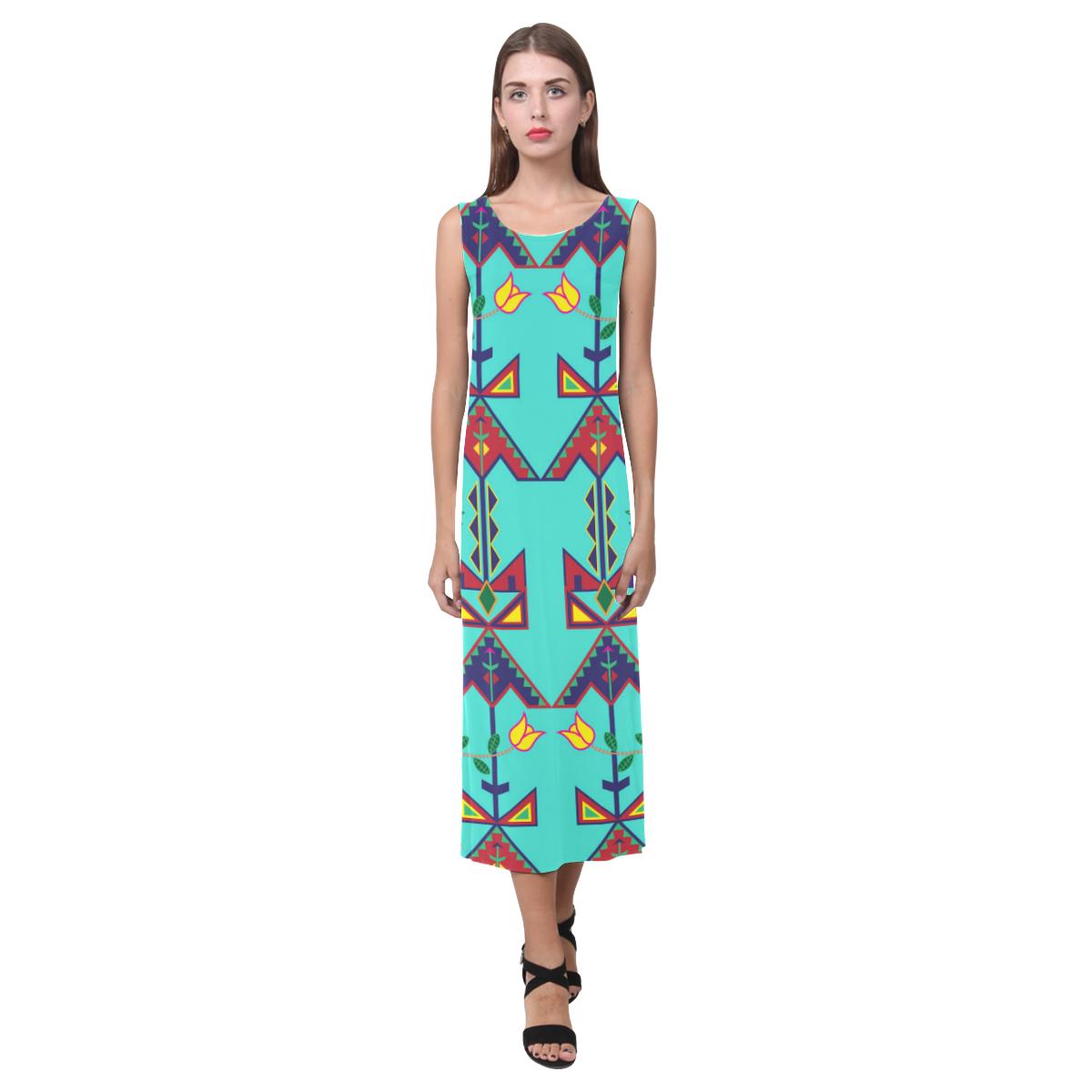 Geometric Floral Spring - Sky Phaedra Sleeveless Open Fork Long Dress (Model D08) Phaedra Sleeveless Open Fork Long Dress (D08) e-joyer