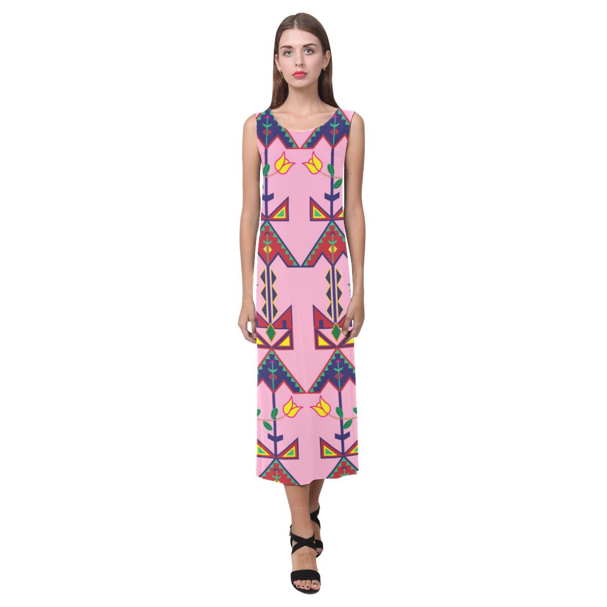 Geometric Floral Spring - Sunset Phaedra Sleeveless Open Fork Long Dress (Model D08) Phaedra Sleeveless Open Fork Long Dress (D08) e-joyer
