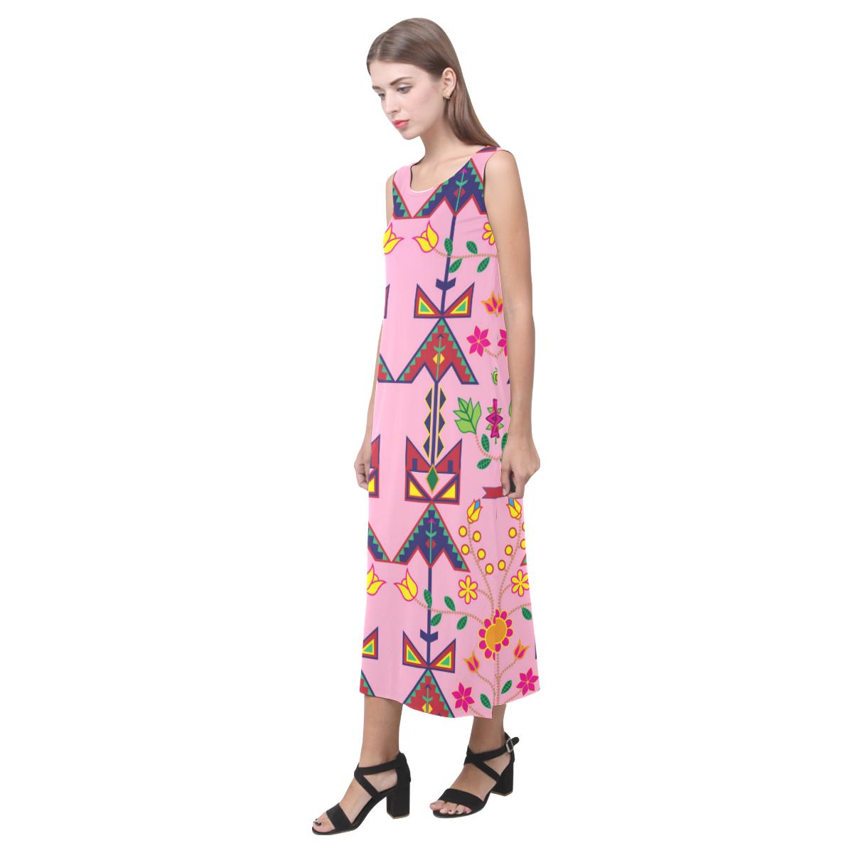 Geometric Floral Spring - Sunset Phaedra Sleeveless Open Fork Long Dress (Model D08) Phaedra Sleeveless Open Fork Long Dress (D08) e-joyer