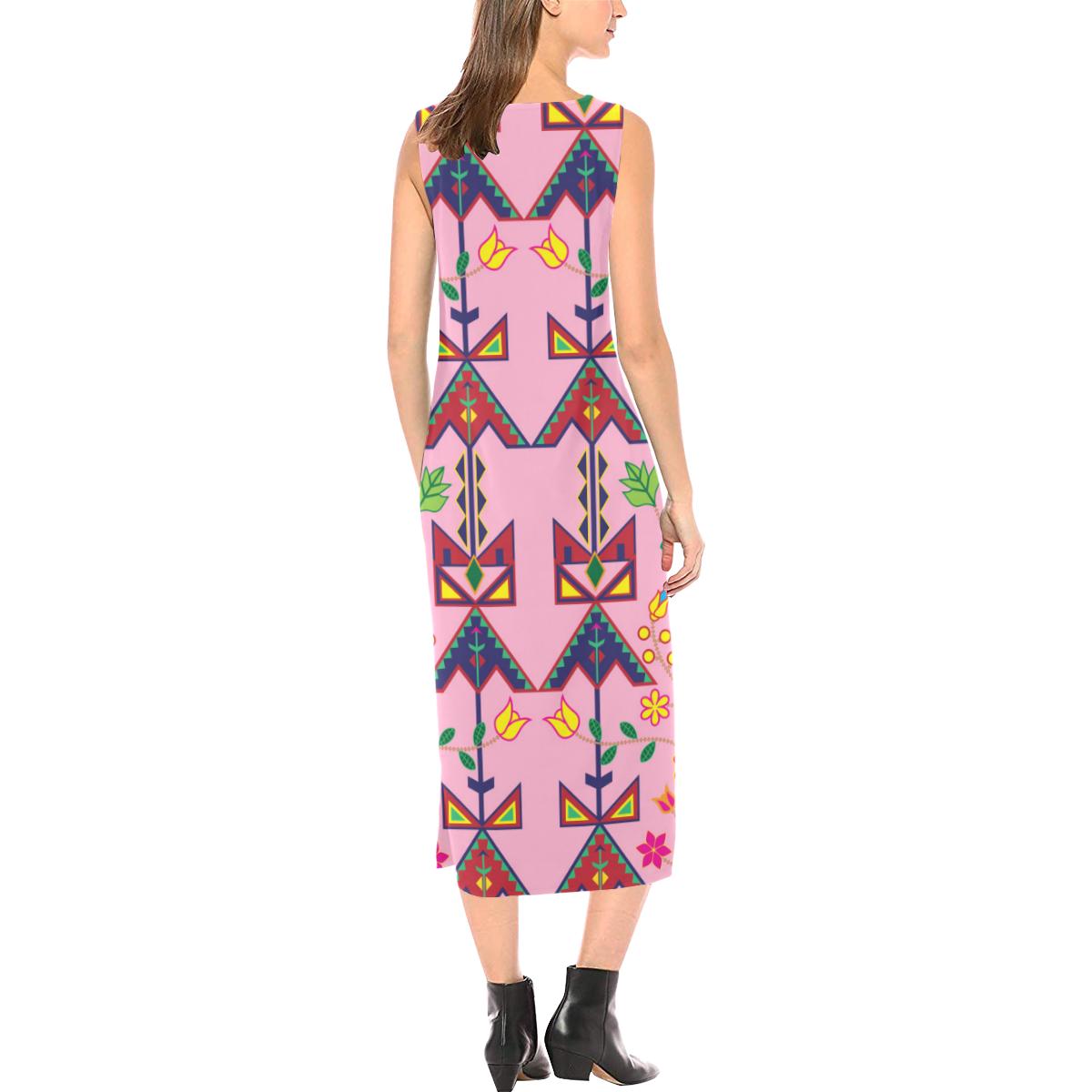 Geometric Floral Spring - Sunset Phaedra Sleeveless Open Fork Long Dress (Model D08) Phaedra Sleeveless Open Fork Long Dress (D08) e-joyer