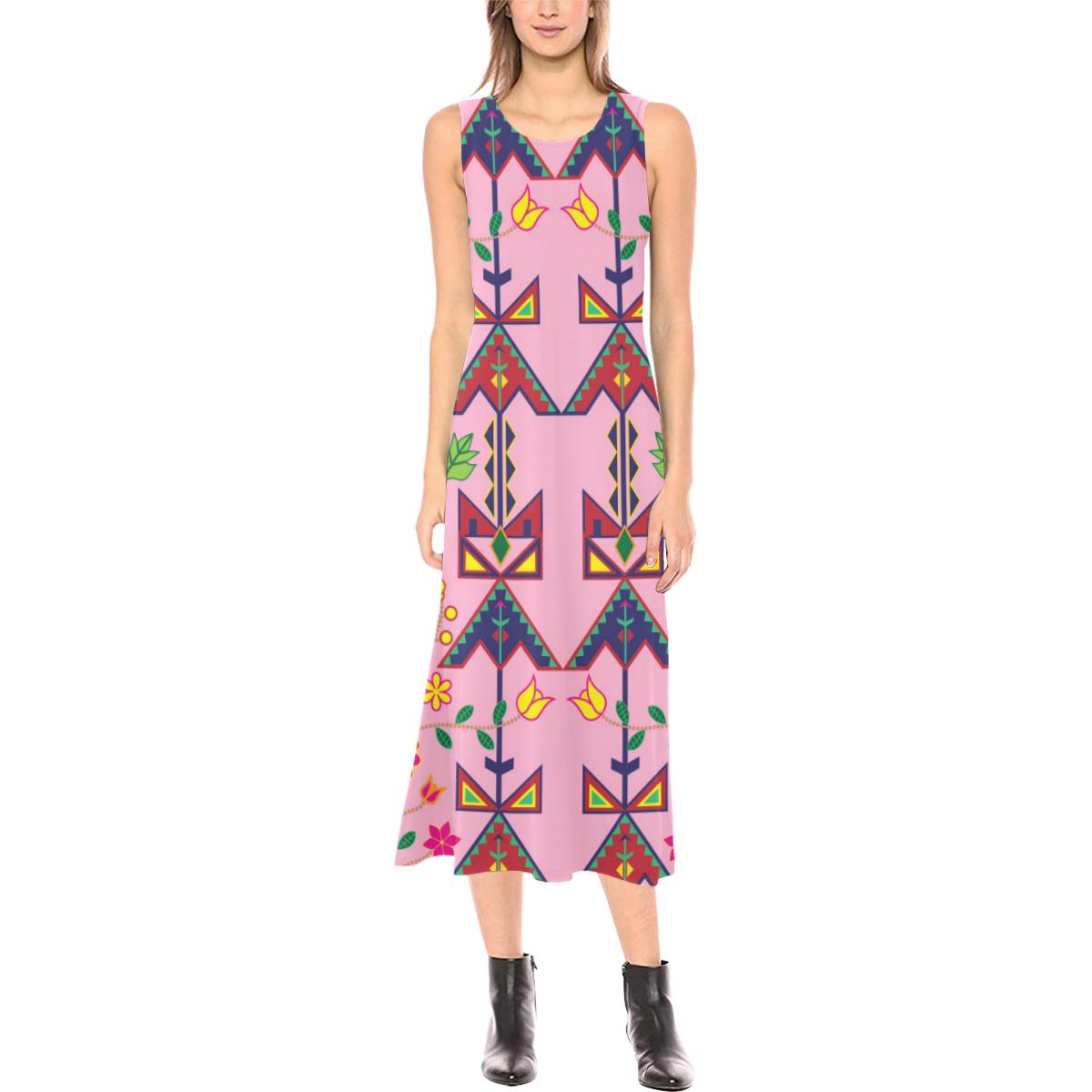 Geometric Floral Spring - Sunset Phaedra Sleeveless Open Fork Long Dress (Model D08) Phaedra Sleeveless Open Fork Long Dress (D08) e-joyer