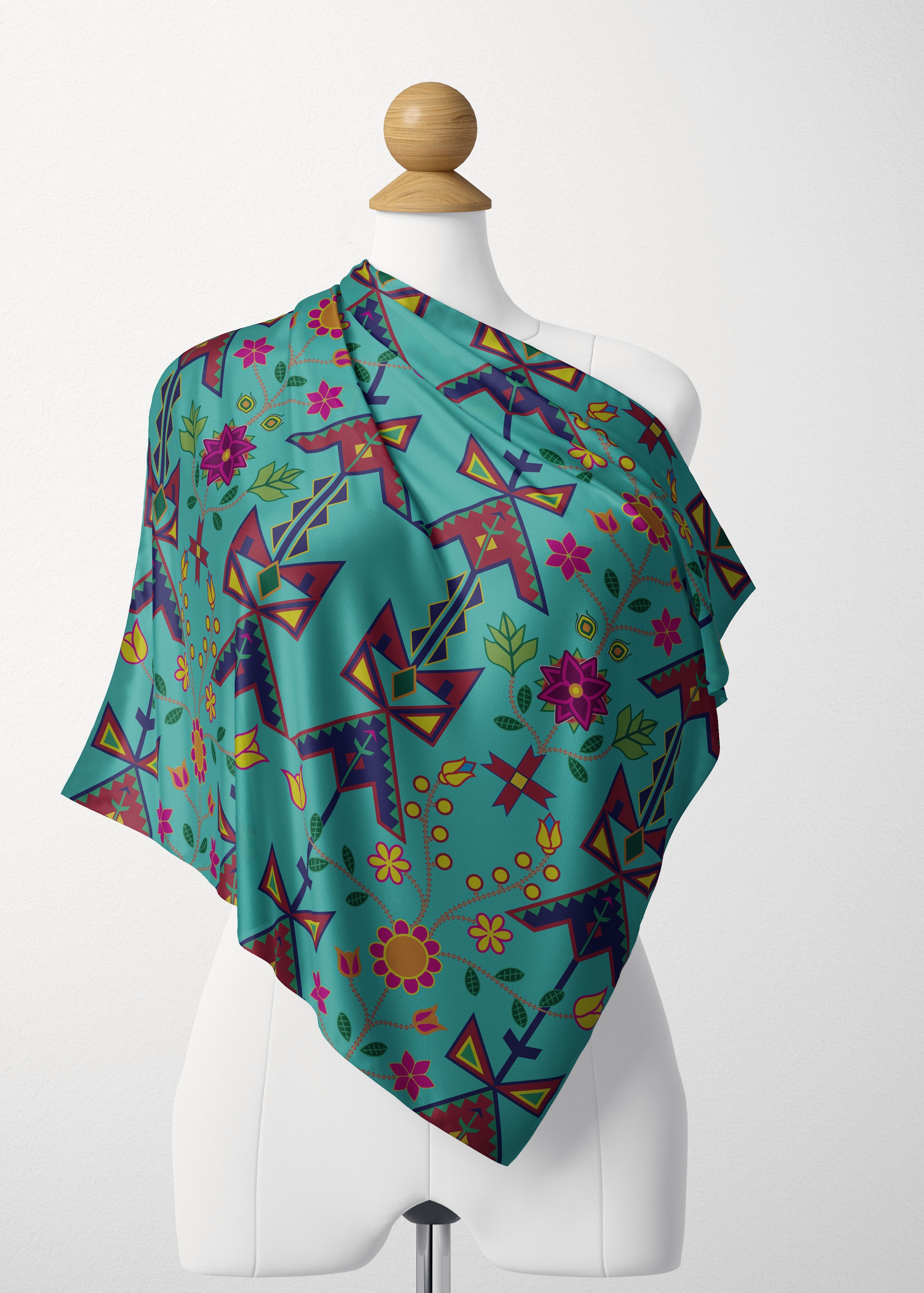 Geometric Floral Spring Turquoise Satin Shawl Scarf 49 Dzine