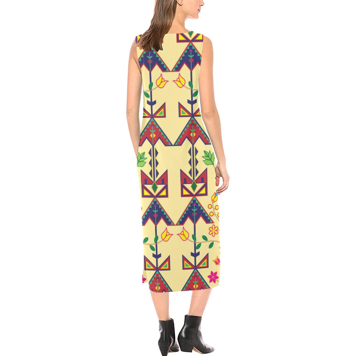 Geometric Floral Spring - Vanilla Phaedra Sleeveless Open Fork Long Dress (Model D08) Phaedra Sleeveless Open Fork Long Dress (D08) e-joyer