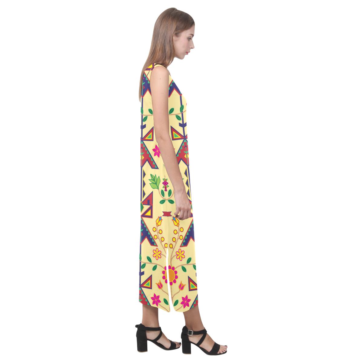 Geometric Floral Spring - Vanilla Phaedra Sleeveless Open Fork Long Dress (Model D08) Phaedra Sleeveless Open Fork Long Dress (D08) e-joyer