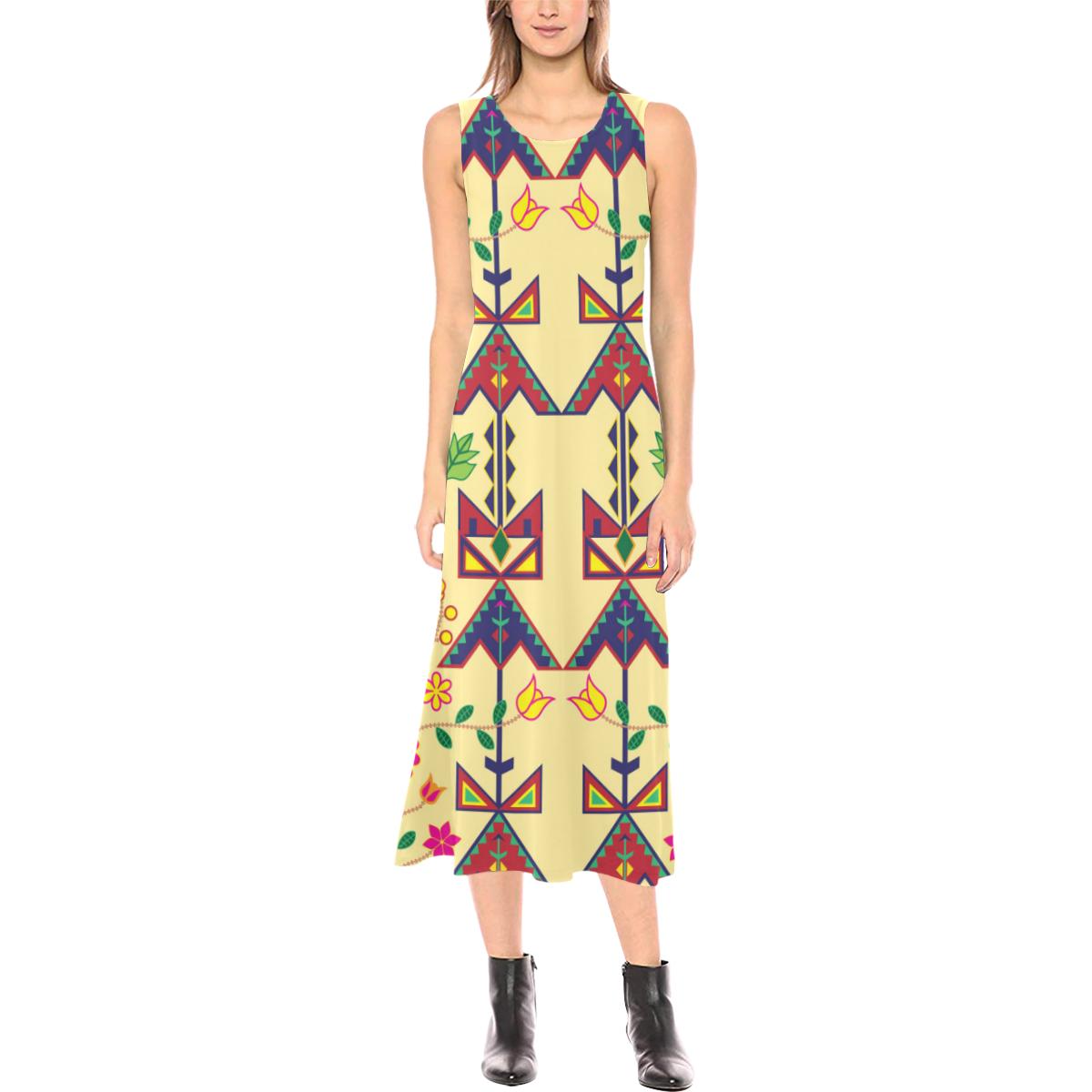 Geometric Floral Spring - Vanilla Phaedra Sleeveless Open Fork Long Dress (Model D08) Phaedra Sleeveless Open Fork Long Dress (D08) e-joyer