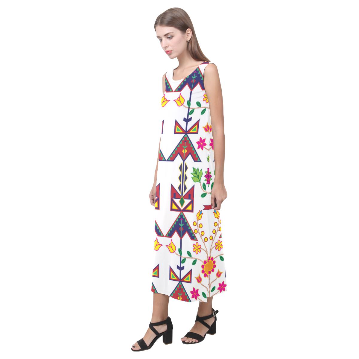 Geometric Floral Spring - White Phaedra Sleeveless Open Fork Long Dress (Model D08) Phaedra Sleeveless Open Fork Long Dress (D08) e-joyer