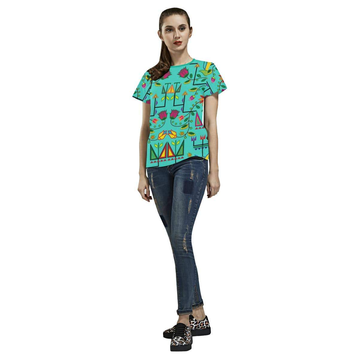 Geometric Floral Summer-Sky All Over Print T-shirt for Women/Large Size (USA Size) (Model T40) All Over Print T-Shirt for Women/Large (T40) e-joyer