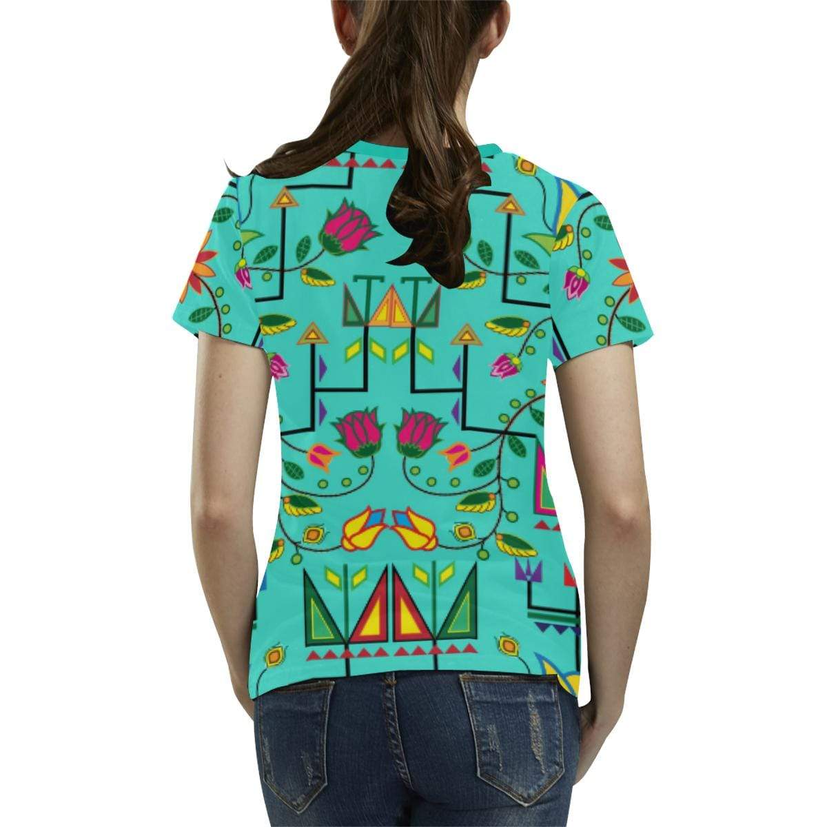 Geometric Floral Summer-Sky All Over Print T-shirt for Women/Large Size (USA Size) (Model T40) All Over Print T-Shirt for Women/Large (T40) e-joyer