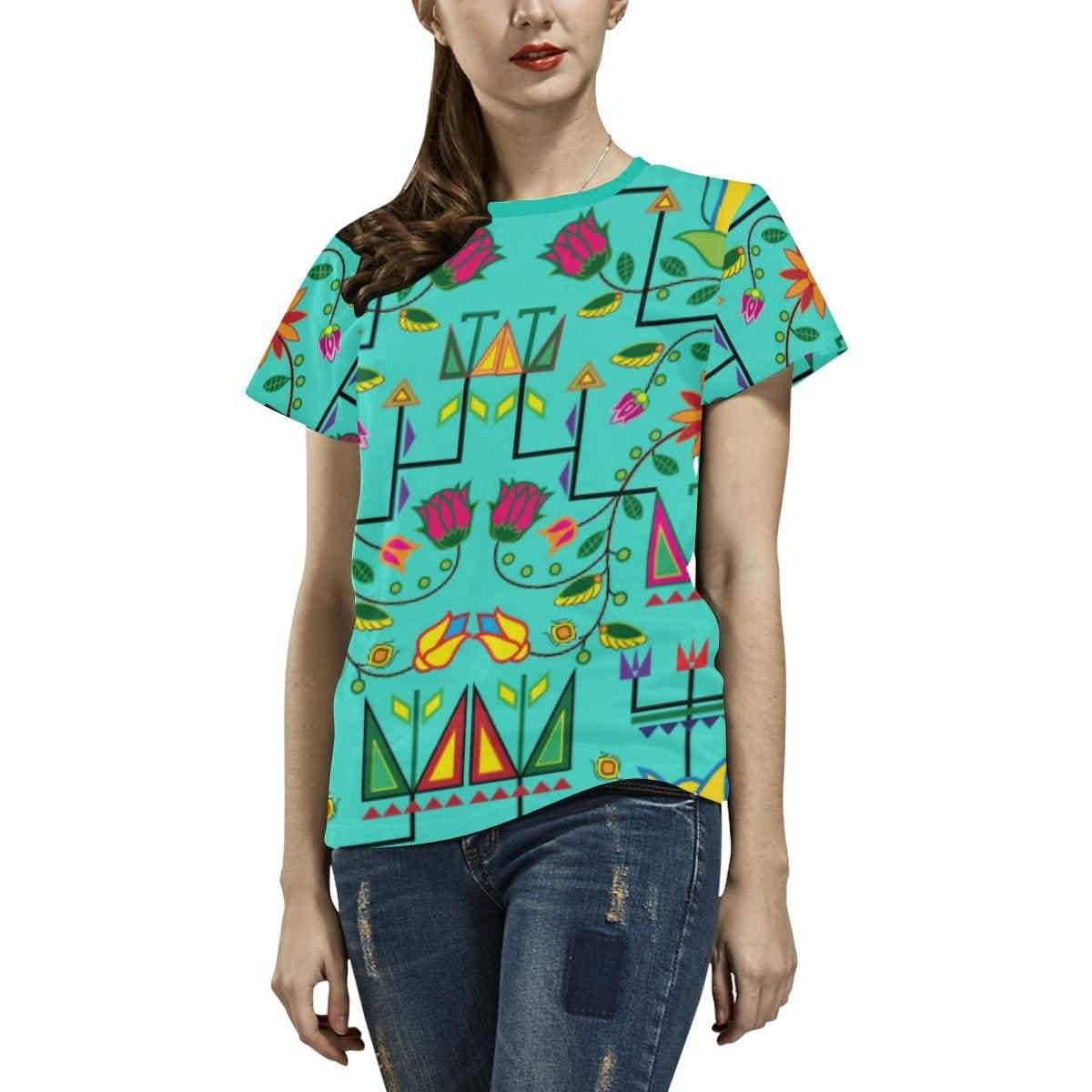 Geometric Floral Summer-Sky All Over Print T-shirt for Women/Large Size (USA Size) (Model T40) All Over Print T-Shirt for Women/Large (T40) e-joyer
