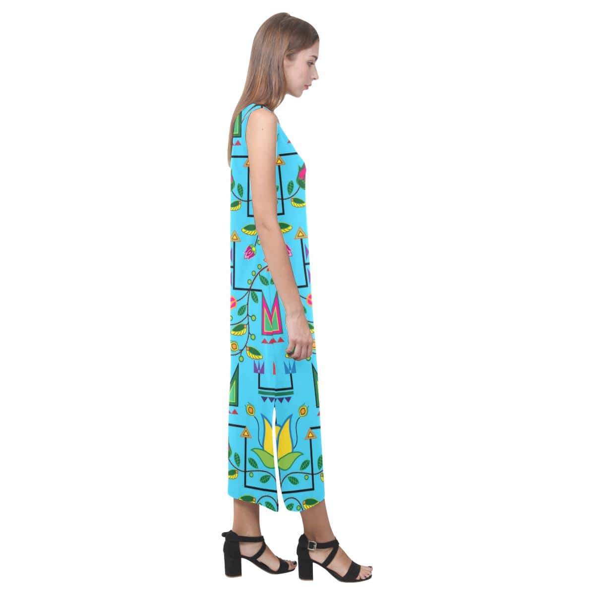 Geometric Floral Summer - Sky Blue Phaedra Sleeveless Open Fork Long Dress (Model D08) Phaedra Sleeveless Open Fork Long Dress (D08) e-joyer