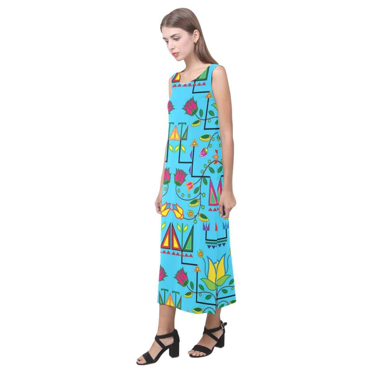Geometric Floral Summer - Sky Blue Phaedra Sleeveless Open Fork Long Dress (Model D08) Phaedra Sleeveless Open Fork Long Dress (D08) e-joyer