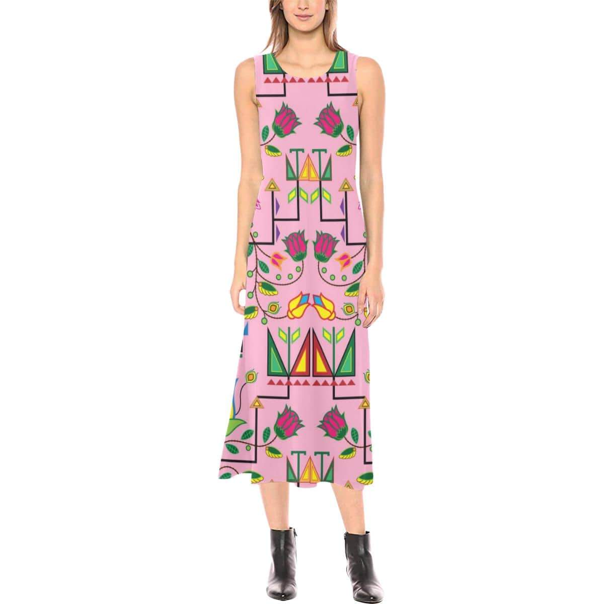 Geometric Floral Summer - Sunset Phaedra Sleeveless Open Fork Long Dress (Model D08) Phaedra Sleeveless Open Fork Long Dress (D08) e-joyer