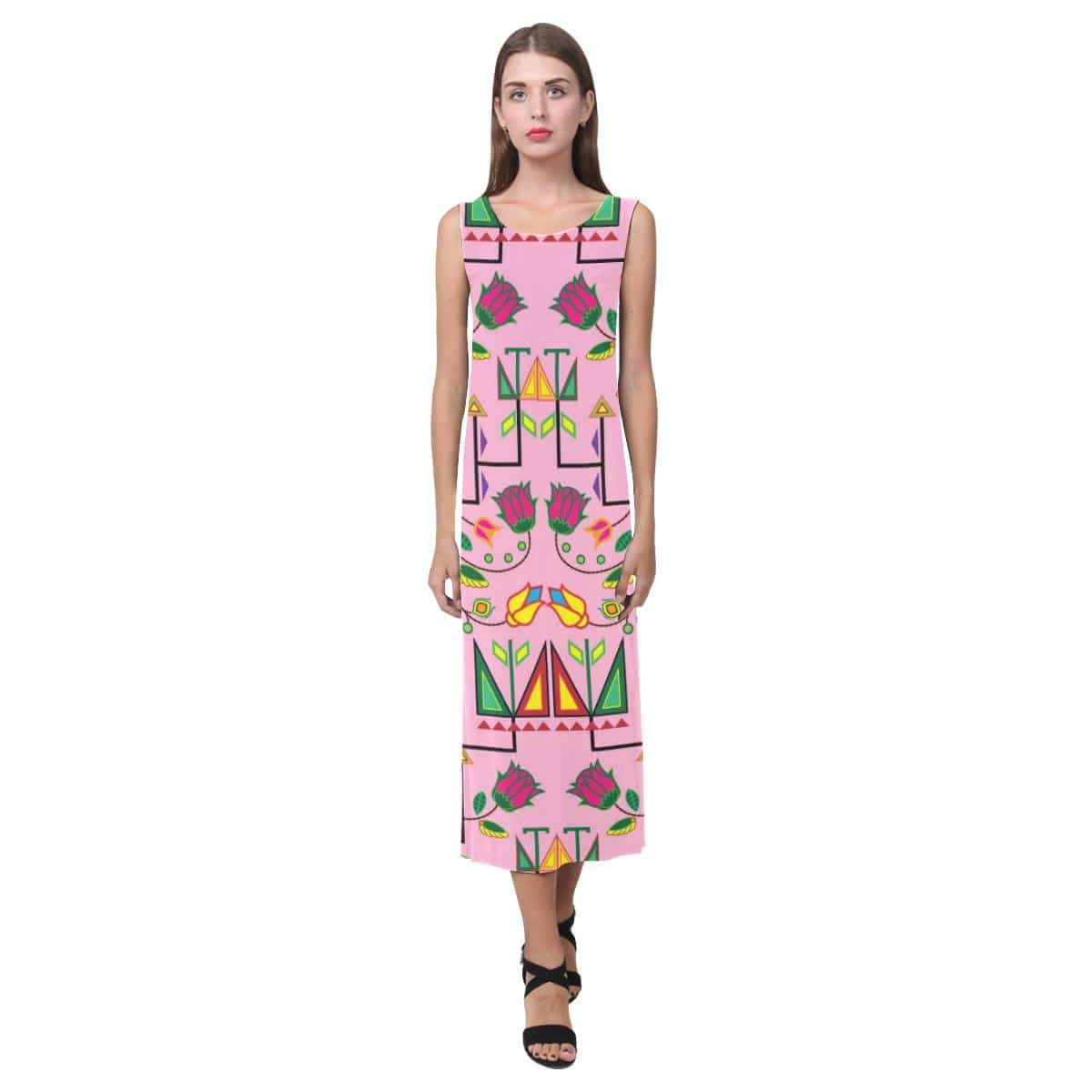 Geometric Floral Summer - Sunset Phaedra Sleeveless Open Fork Long Dress (Model D08) Phaedra Sleeveless Open Fork Long Dress (D08) e-joyer