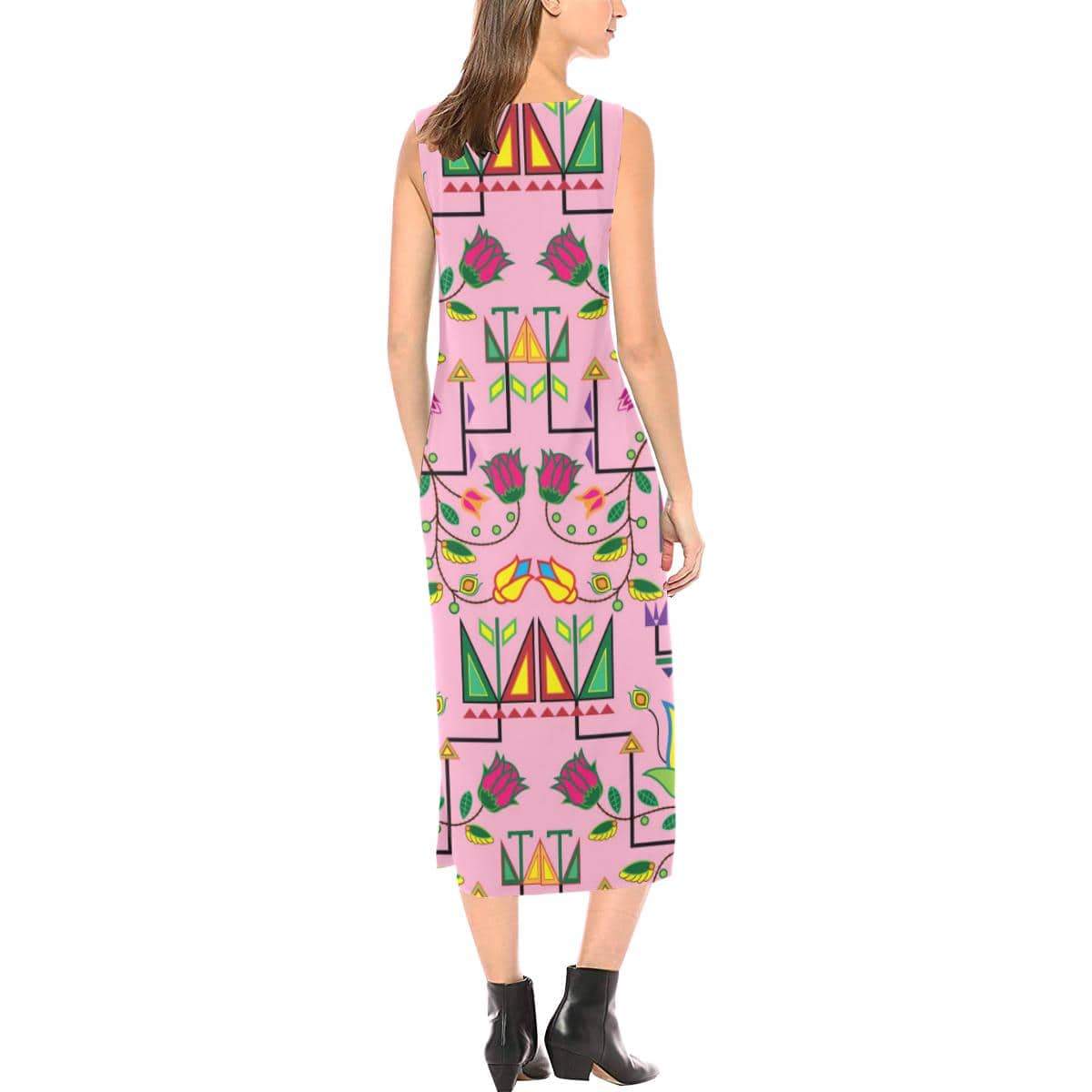 Geometric Floral Summer - Sunset Phaedra Sleeveless Open Fork Long Dress (Model D08) Phaedra Sleeveless Open Fork Long Dress (D08) e-joyer