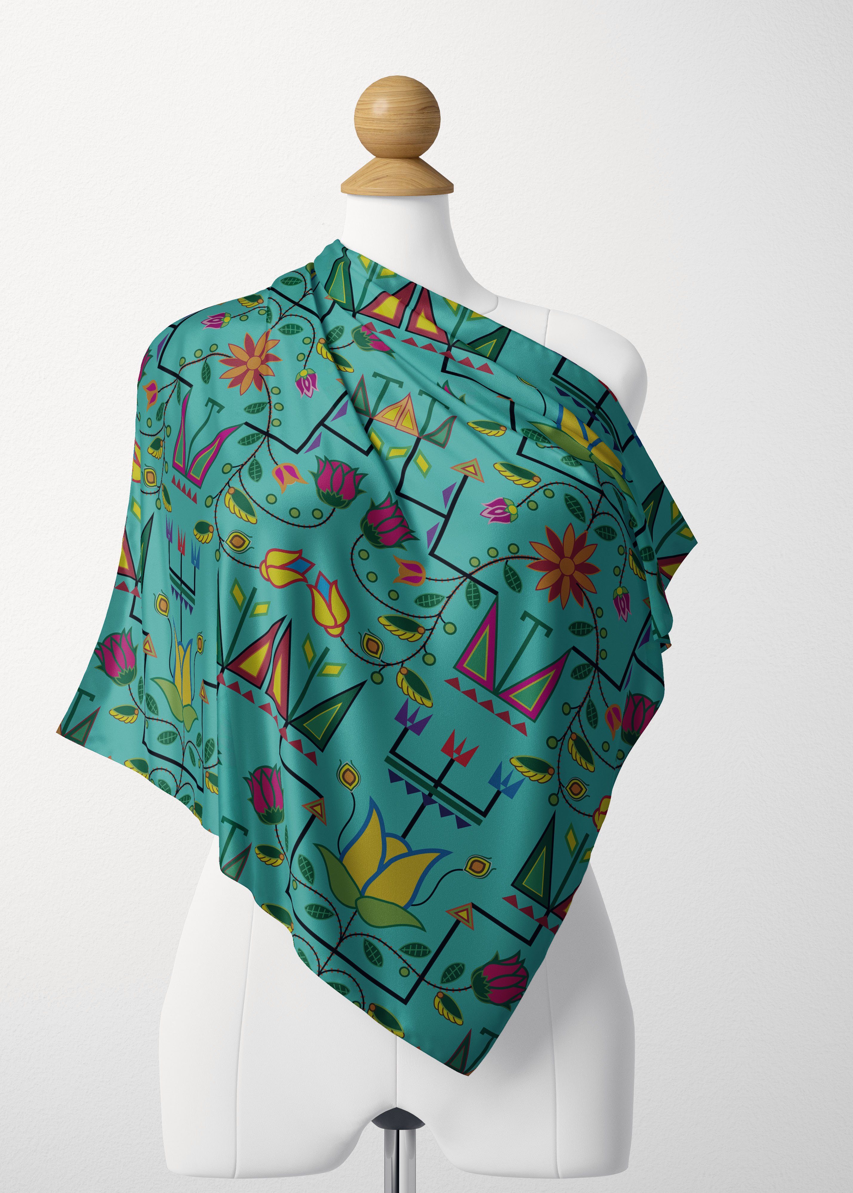 Geometric Floral Summer Turquoise Satin Shawl Scarf 49 Dzine