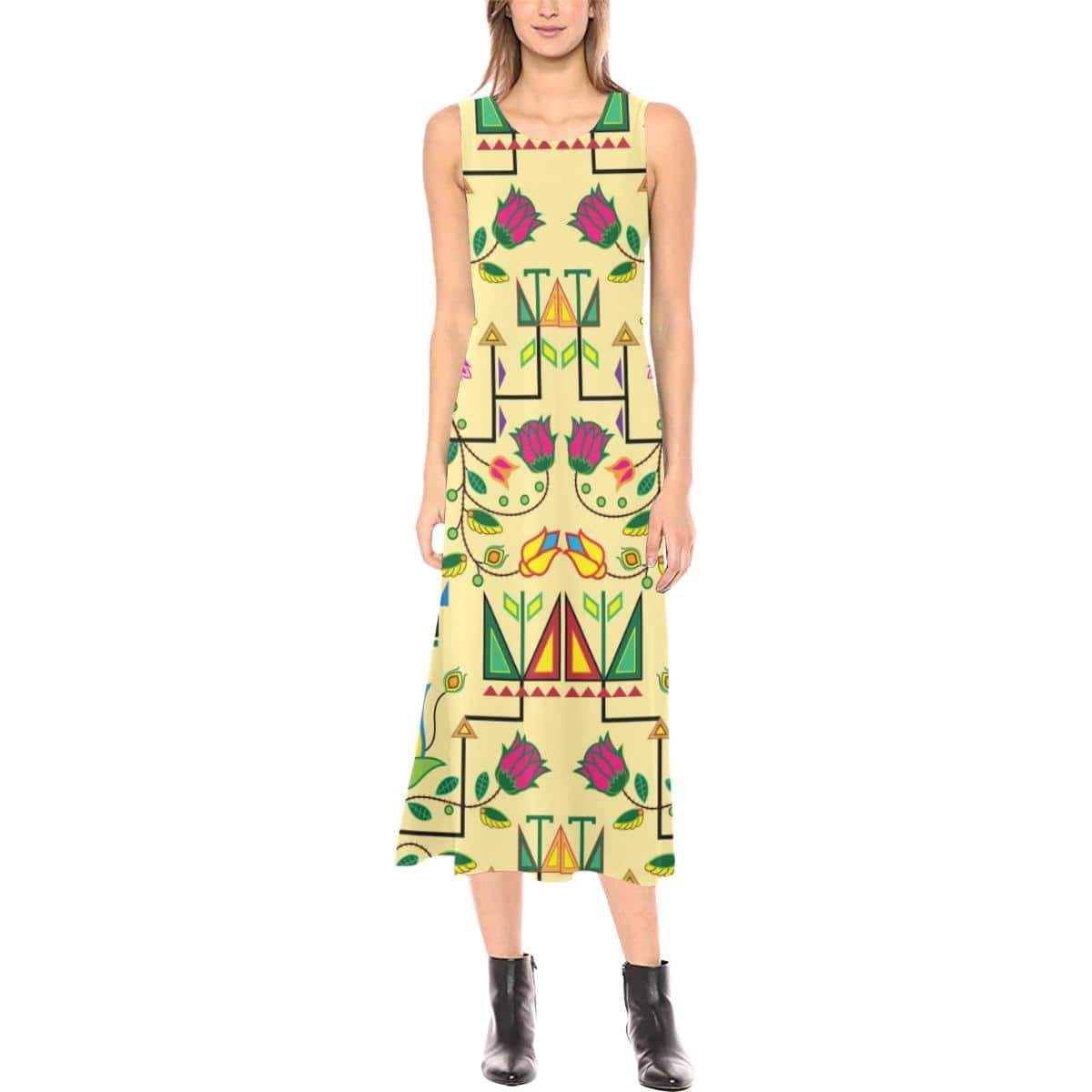 Geometric Floral Summer - Vanilla Phaedra Sleeveless Open Fork Long Dress (Model D08) Phaedra Sleeveless Open Fork Long Dress (D08) e-joyer