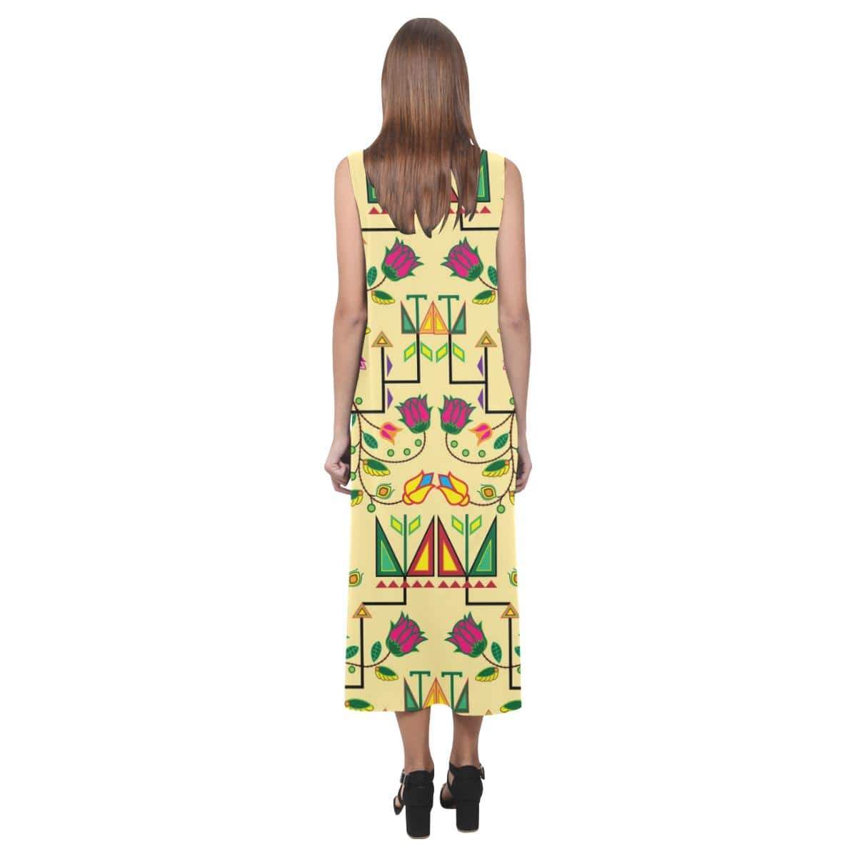 Geometric Floral Summer - Vanilla Phaedra Sleeveless Open Fork Long Dress (Model D08) Phaedra Sleeveless Open Fork Long Dress (D08) e-joyer