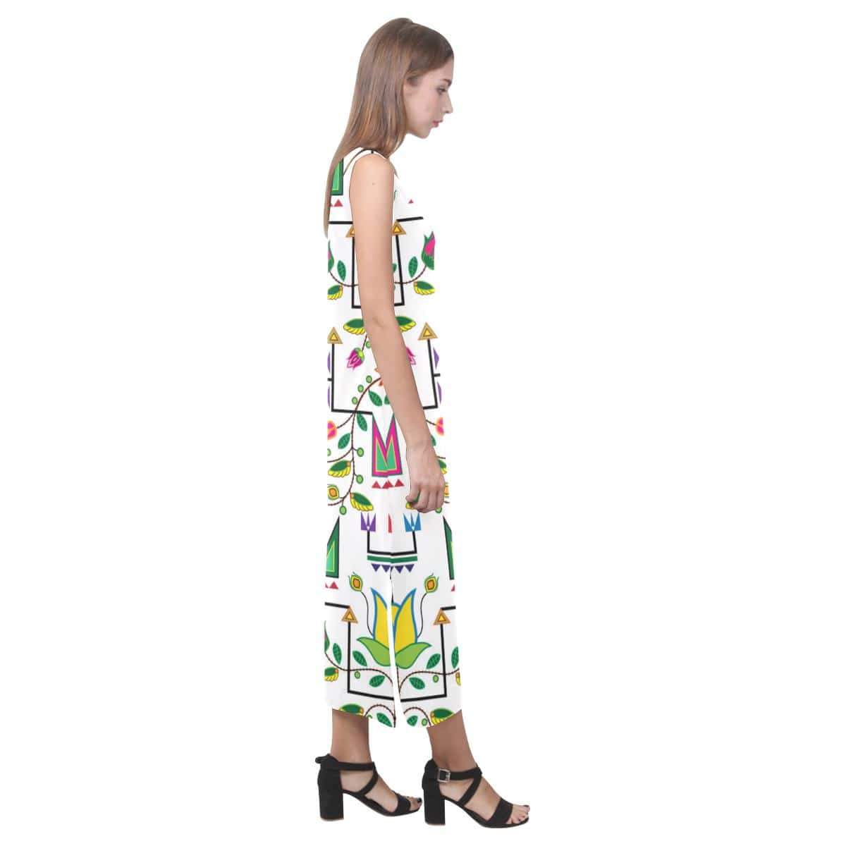 Geometric Floral Summer - White Phaedra Sleeveless Open Fork Long Dress (Model D08) Phaedra Sleeveless Open Fork Long Dress (D08) e-joyer