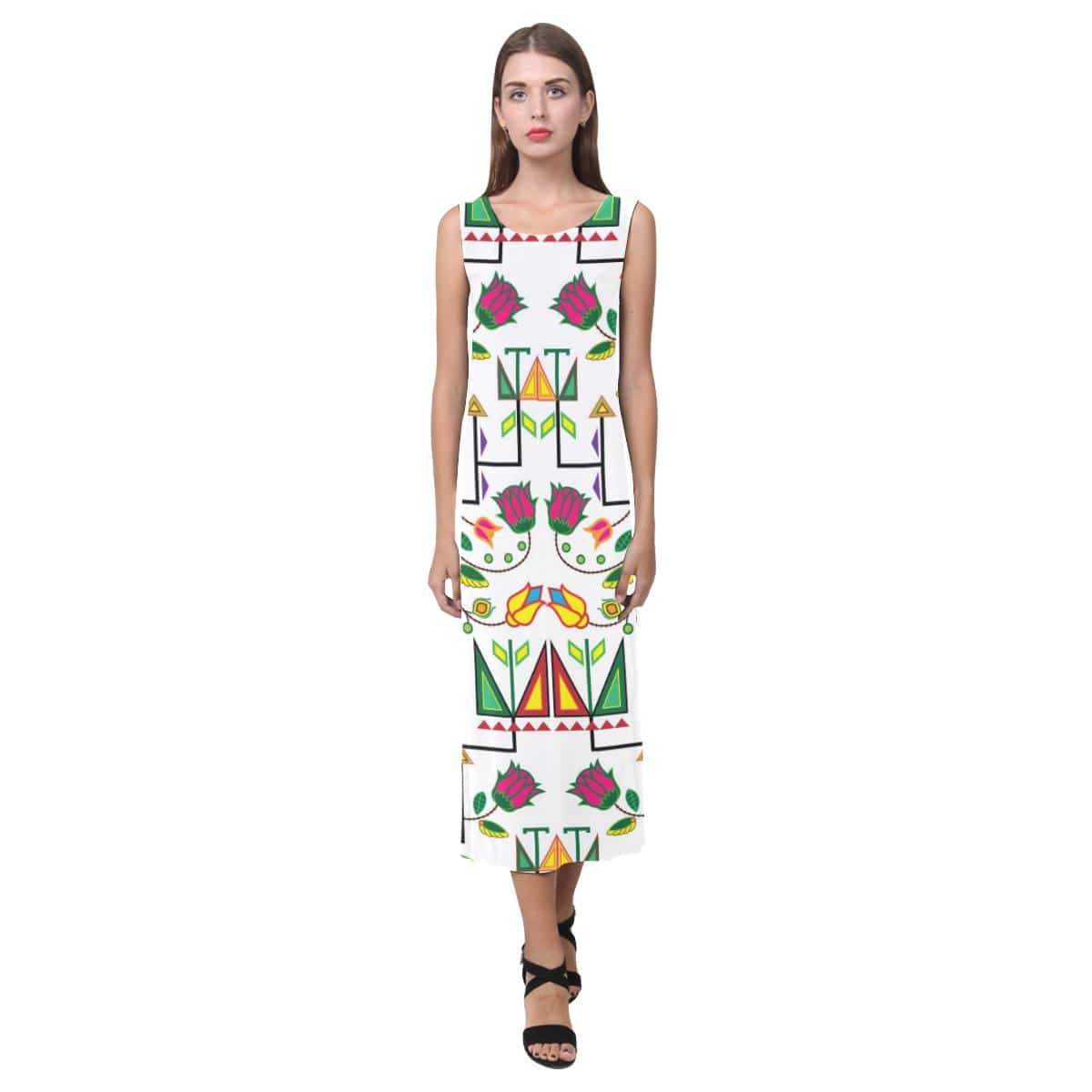 Geometric Floral Summer - White Phaedra Sleeveless Open Fork Long Dress (Model D08) Phaedra Sleeveless Open Fork Long Dress (D08) e-joyer