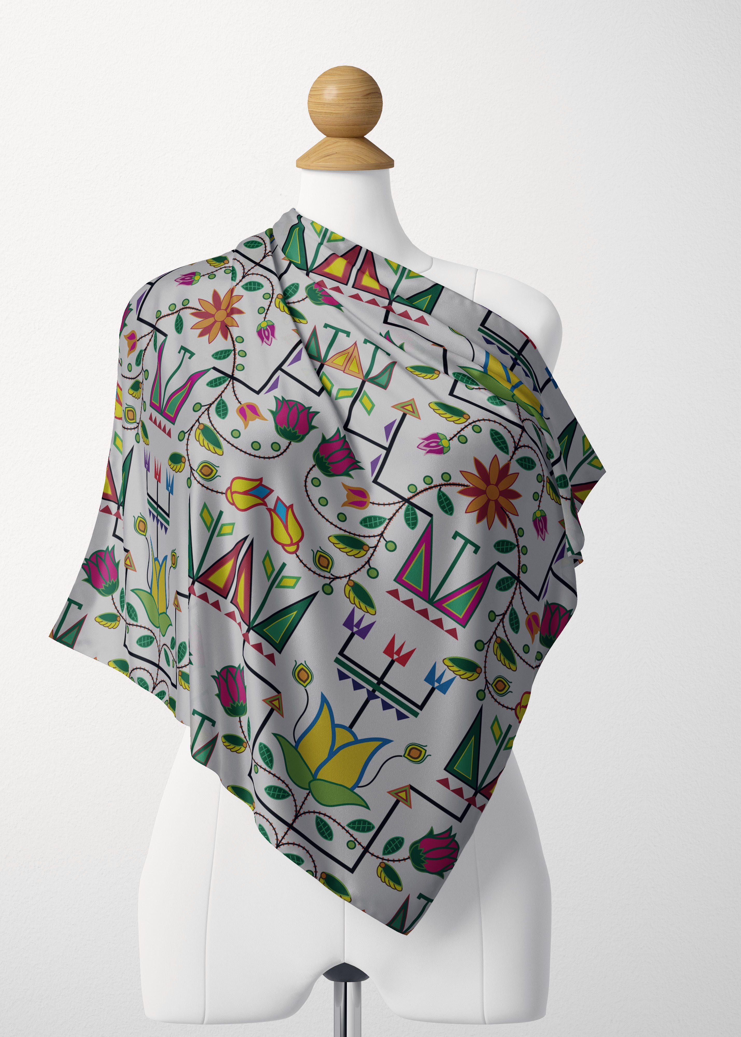 Geometric Floral Summer White Satin Shawl Scarf 49 Dzine
