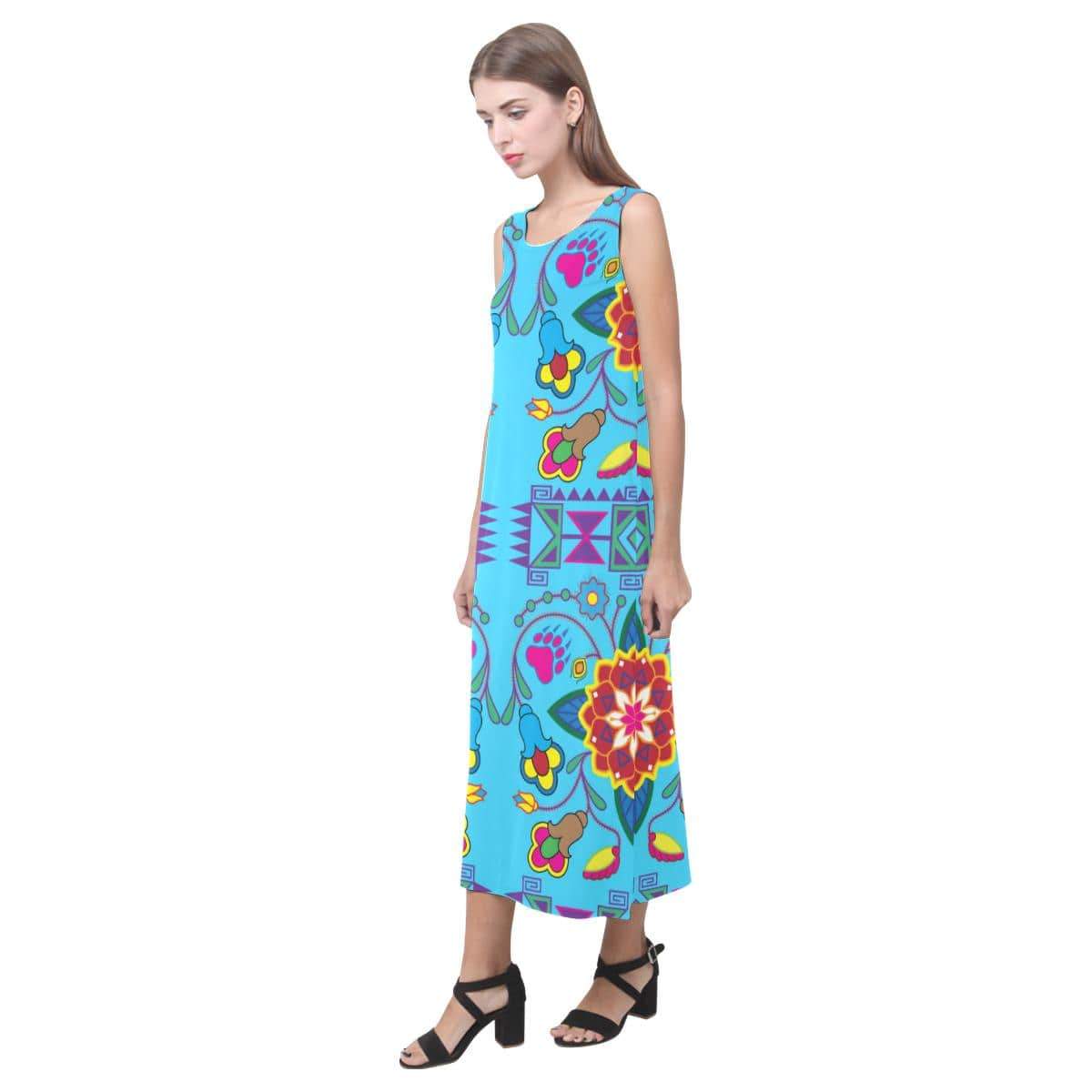 Geometric Floral Winter - Sky Blue Phaedra Sleeveless Open Fork Long Dress (Model D08) Phaedra Sleeveless Open Fork Long Dress (D08) e-joyer