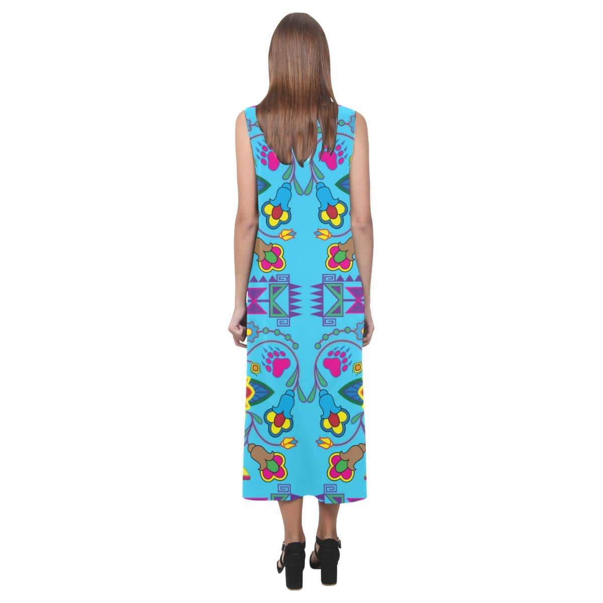 Geometric Floral Winter - Sky Blue Phaedra Sleeveless Open Fork Long Dress (Model D08) Phaedra Sleeveless Open Fork Long Dress (D08) e-joyer