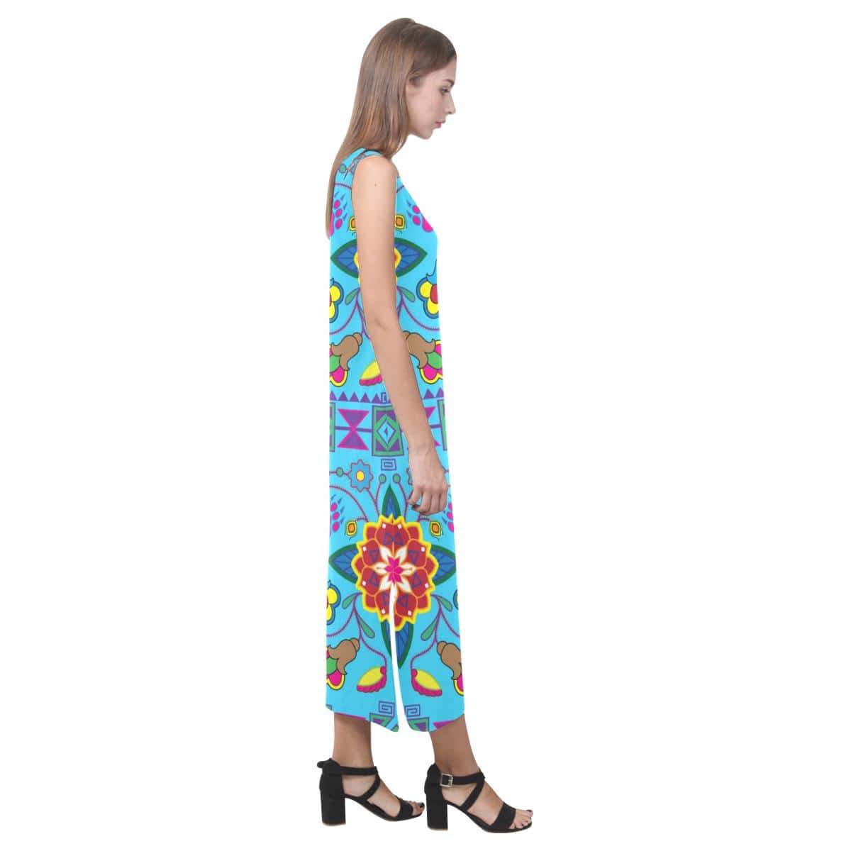 Geometric Floral Winter - Sky Blue Phaedra Sleeveless Open Fork Long Dress (Model D08) Phaedra Sleeveless Open Fork Long Dress (D08) e-joyer