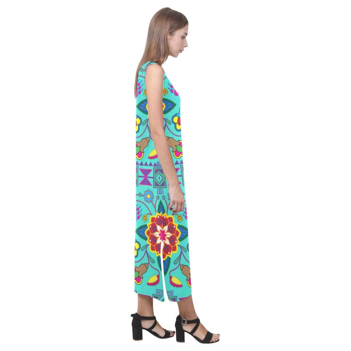 Geometric Floral Winter - Sky Phaedra Sleeveless Open Fork Long Dress (Model D08) Phaedra Sleeveless Open Fork Long Dress (D08) e-joyer