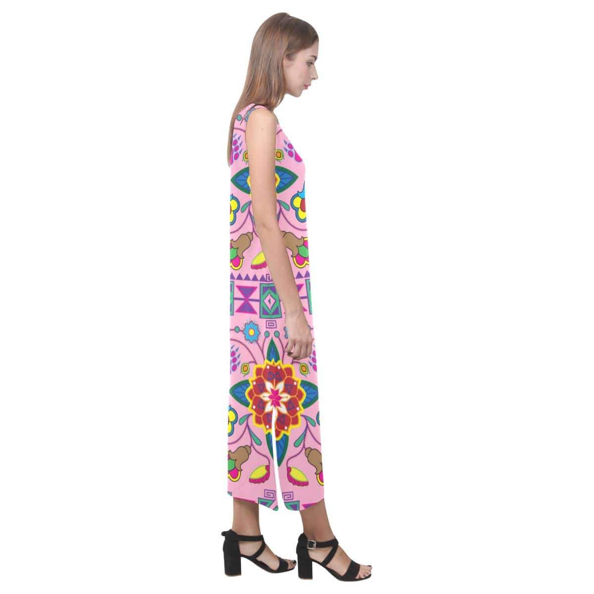 Geometric Floral Winter - Sunset Phaedra Sleeveless Open Fork Long Dress (Model D08) Phaedra Sleeveless Open Fork Long Dress (D08) e-joyer