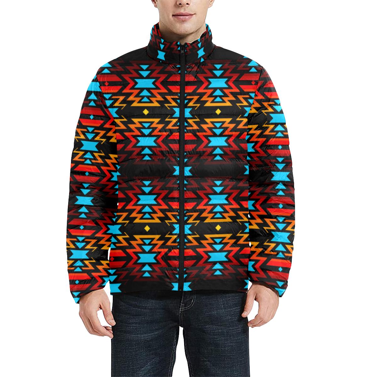 Hoodie Front Black Fire and Turquoise Men's Stand Collar Padded Jacket (Model H41) Men's Stand Collar Padded Jacket (H41) e-joyer