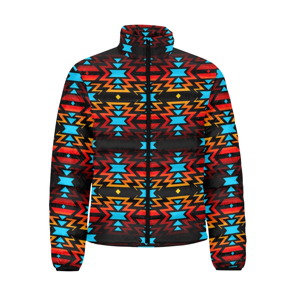 Hoodie Front Black Fire and Turquoise Men's Stand Collar Padded Jacket (Model H41) Men's Stand Collar Padded Jacket (H41) e-joyer