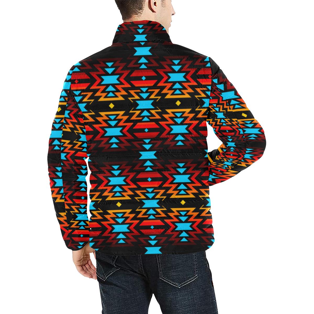 Hoodie Front Black Fire and Turquoise Men's Stand Collar Padded Jacket (Model H41) Men's Stand Collar Padded Jacket (H41) e-joyer