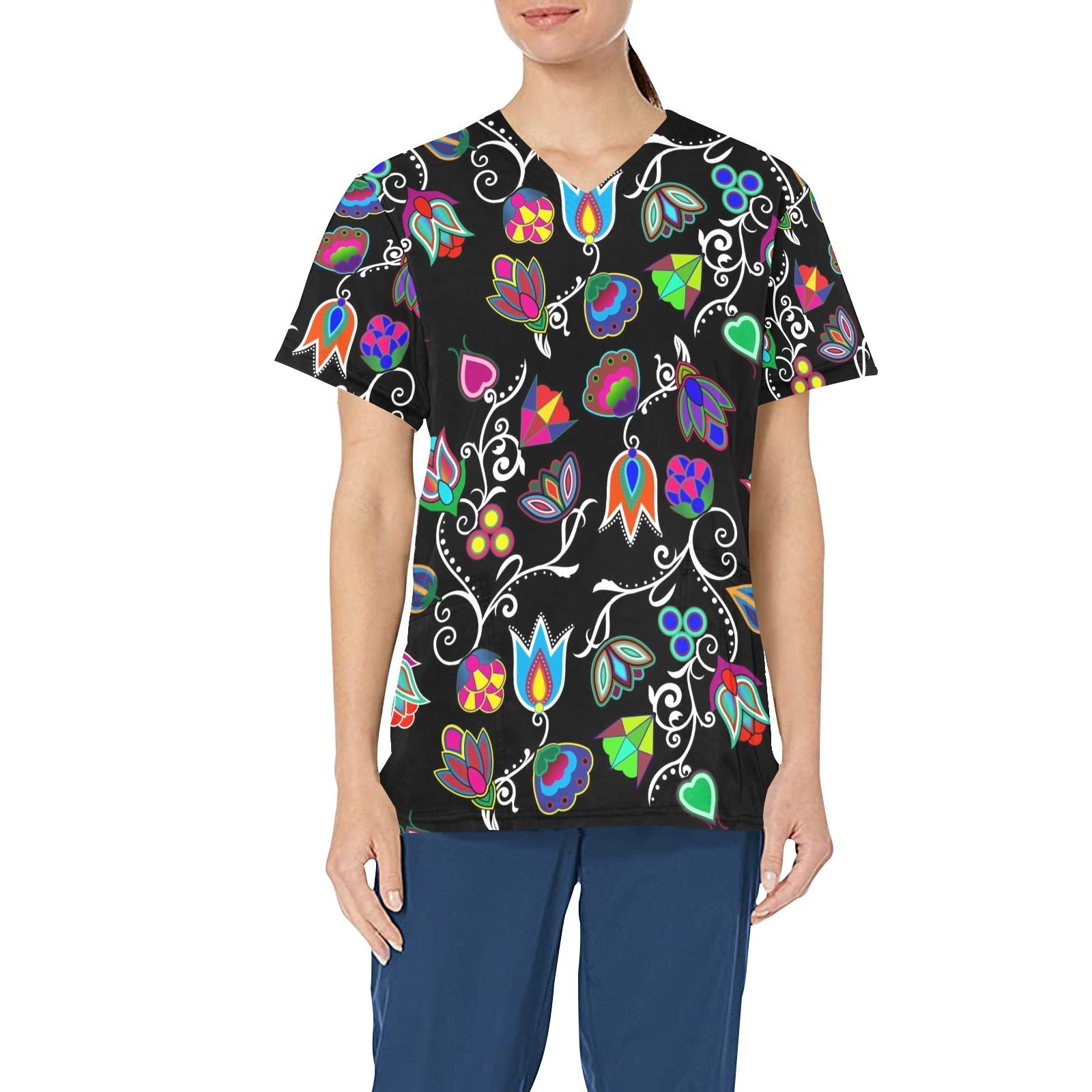 Indigenous Paisley Black All Over Print Scrub Top Scrub Top e-joyer