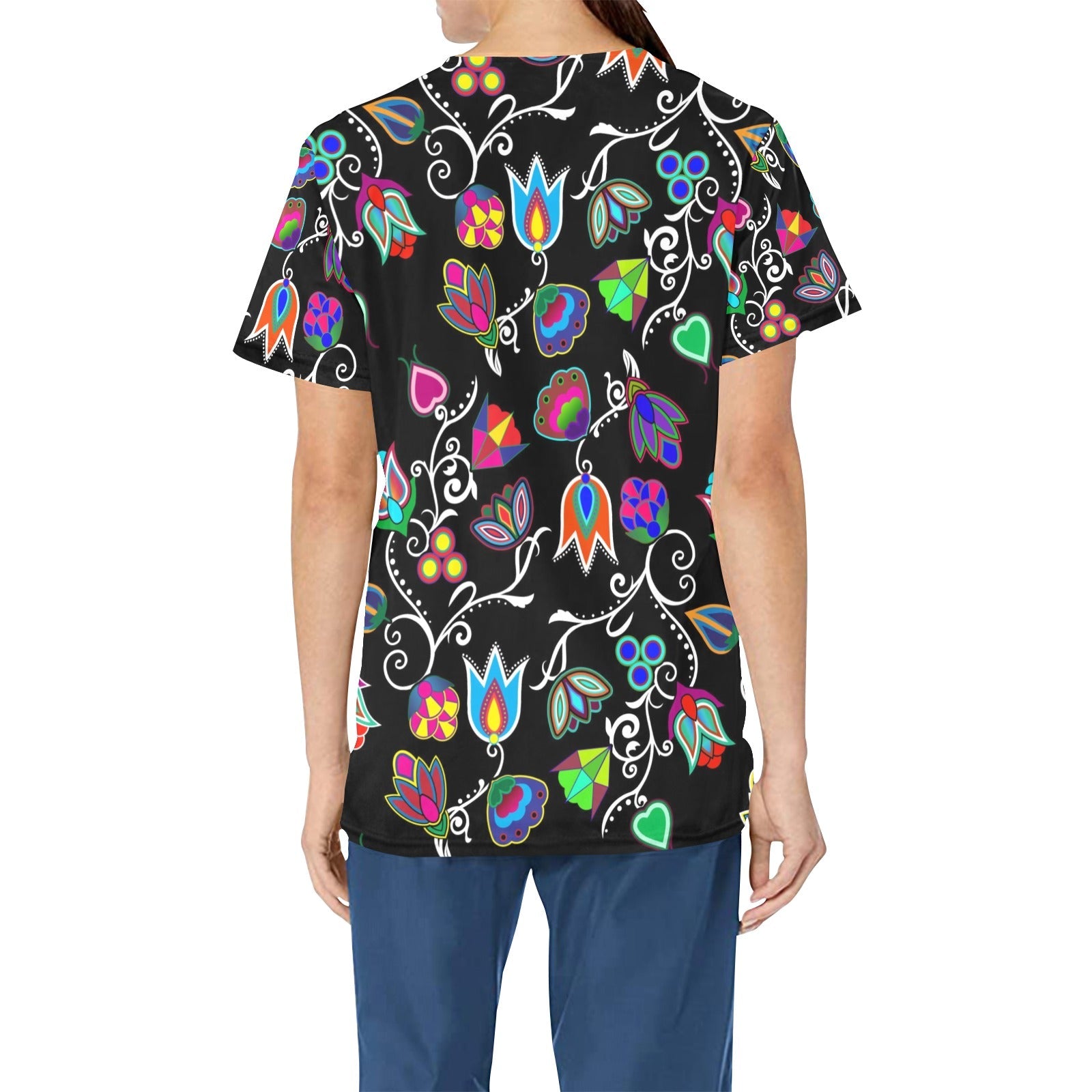 Indigenous Paisley Black All Over Print Scrub Top Scrub Top e-joyer