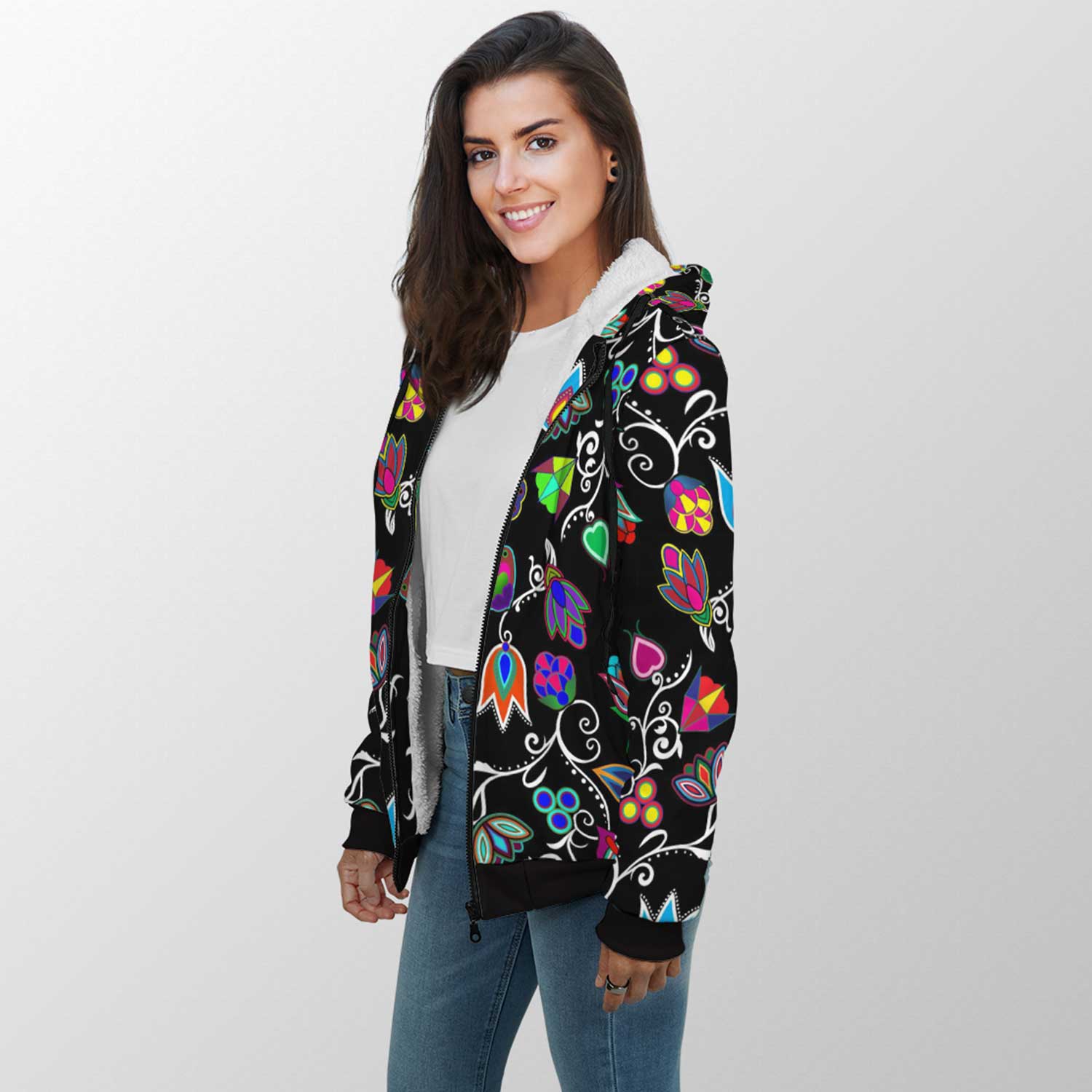 Indigenous Paisley Black Sherpa Hoodie 49 Dzine