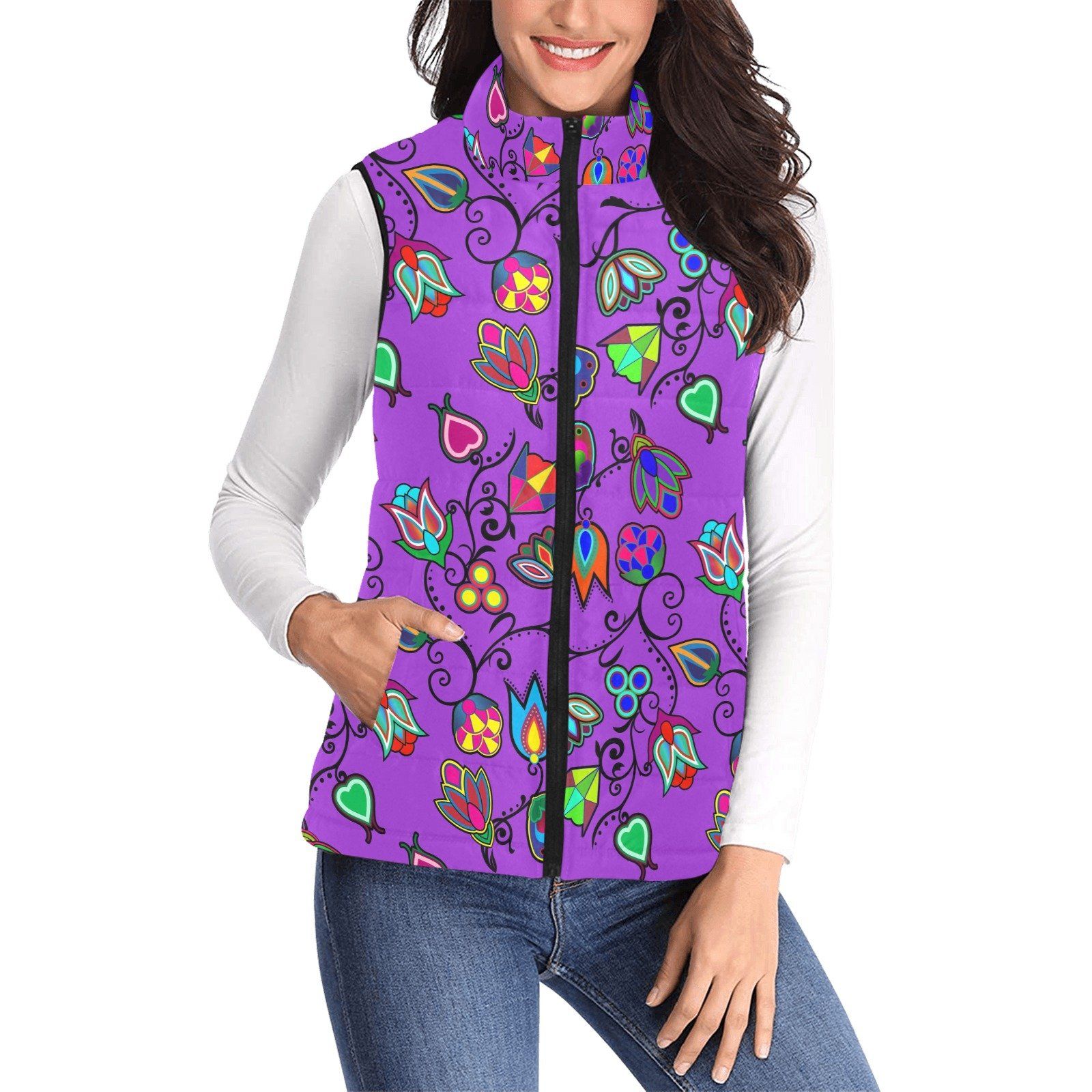 Indigenous Paisley Dark Orchid Women's Padded Vest Jacket (Model H44) Women's Padded Vest Jacket (H44) e-joyer