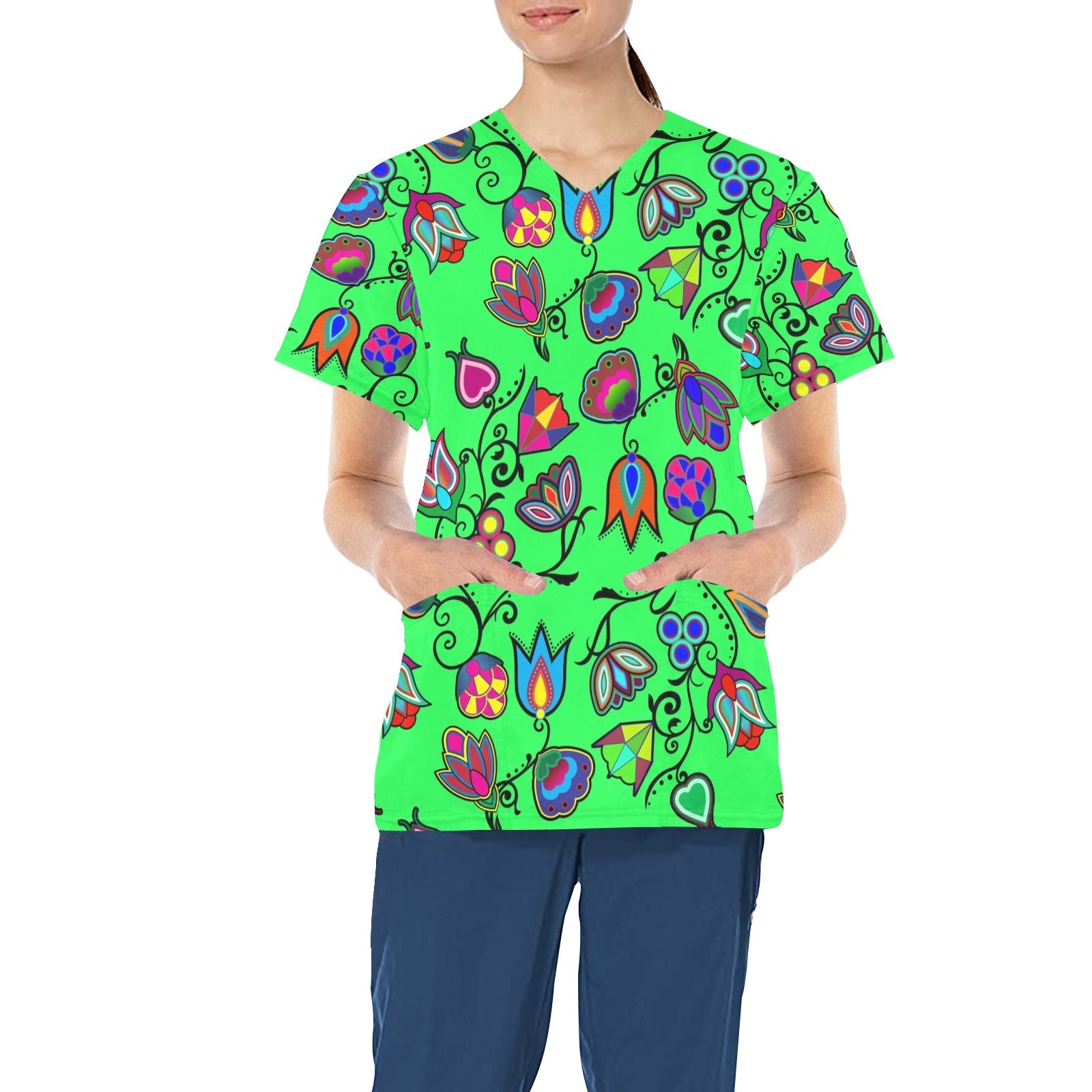 Indigenous Paisley Green All Over Print Scrub Top Scrub Top e-joyer