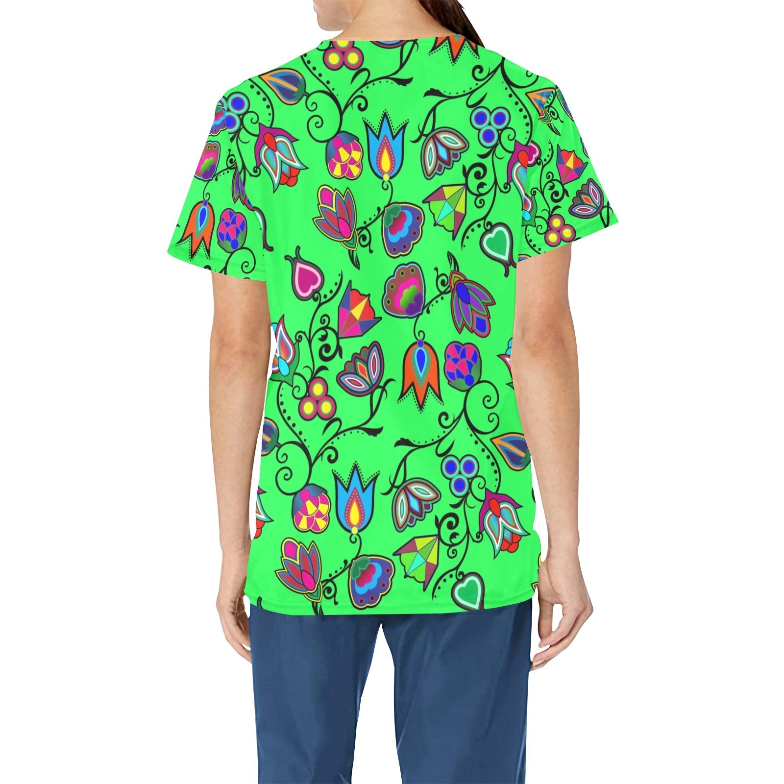 Indigenous Paisley Green All Over Print Scrub Top Scrub Top e-joyer