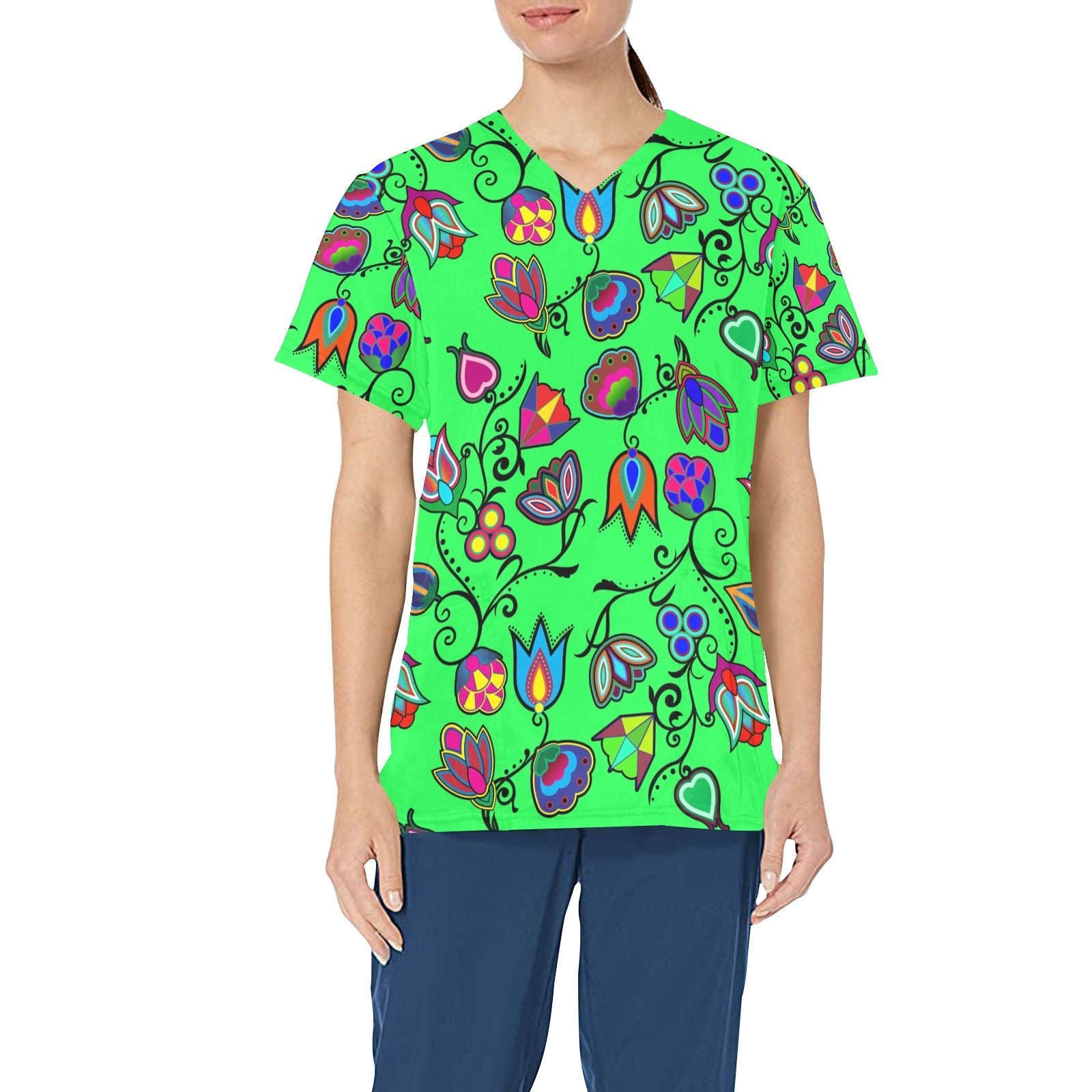 Indigenous Paisley Green All Over Print Scrub Top Scrub Top e-joyer