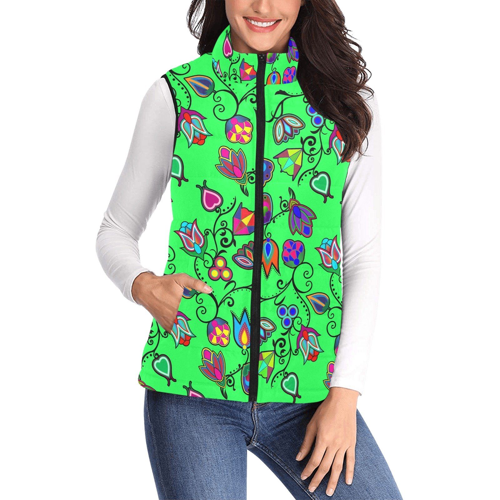 Indigenous Paisley Green Women's Padded Vest Jacket (Model H44) Women's Padded Vest Jacket (H44) e-joyer