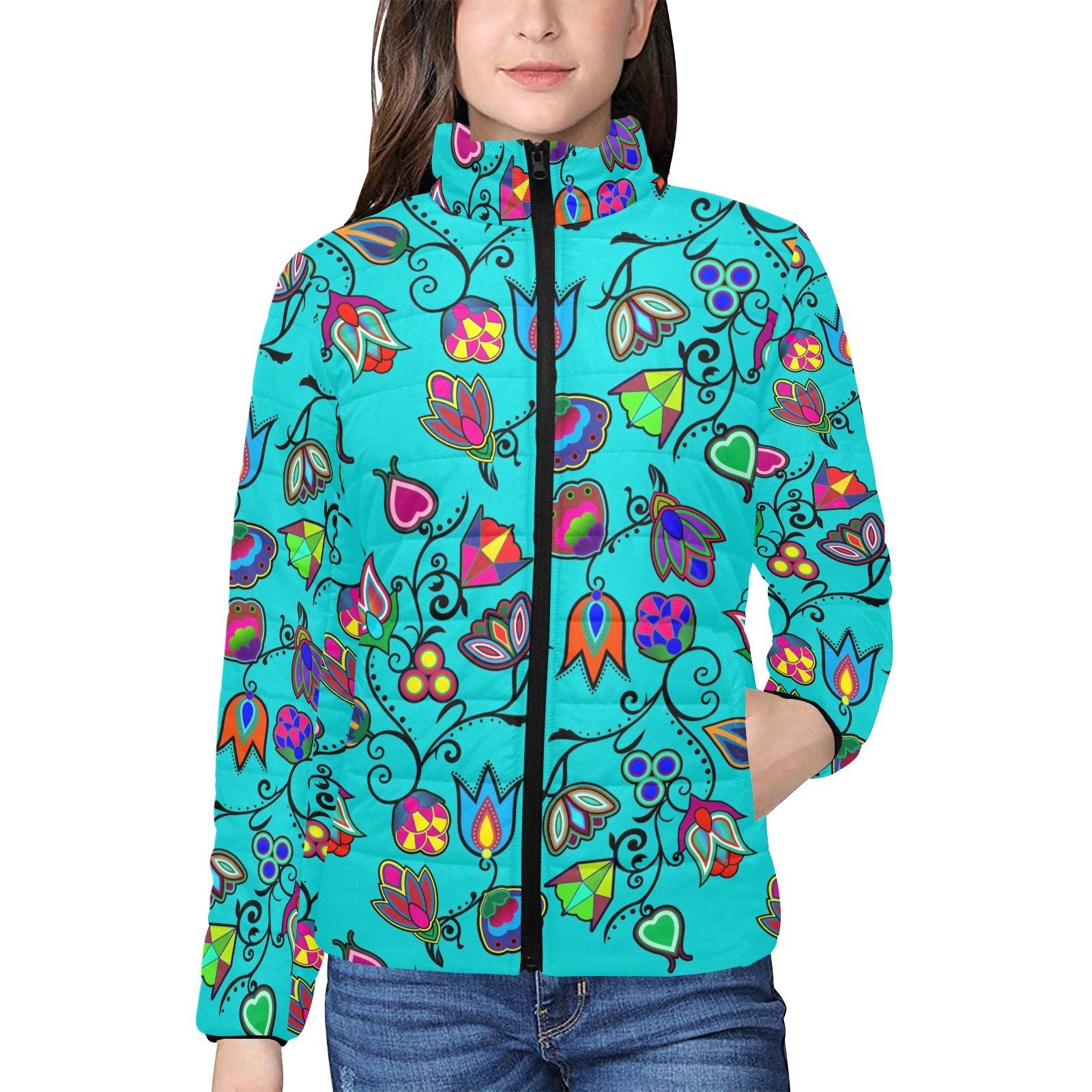 Indigenous Paisley Sky Women's Stand Collar Padded Jacket (Model H41) jacket e-joyer
