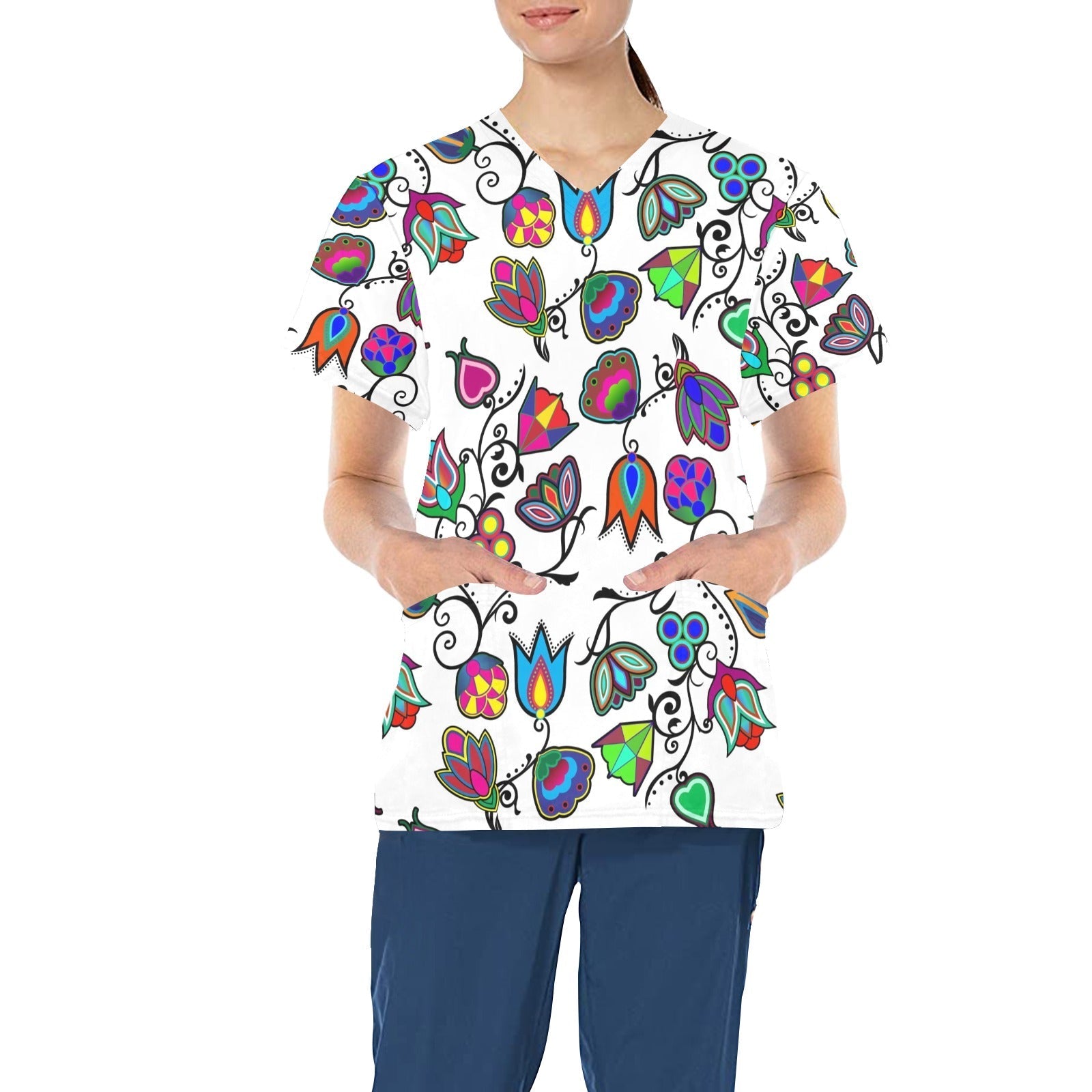 Indigenous Paisley White All Over Print Scrub Top Scrub Top e-joyer